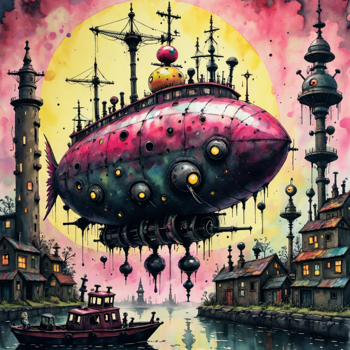 2d, surrealism,  steampunk-inspired airship harbor with towering cranes, intricate gears, and vintage, industrial elements, highly detailed, Witty, split lighting, deep pink, eerie, pristine, serene  <lora:surrealism-v1:1>