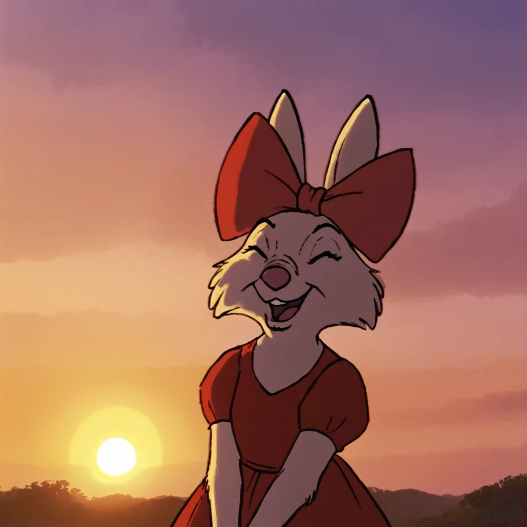 sis happy, backlighting, sunset, red dress, upper body portrait <lora:sis-ponyv6xl:1>