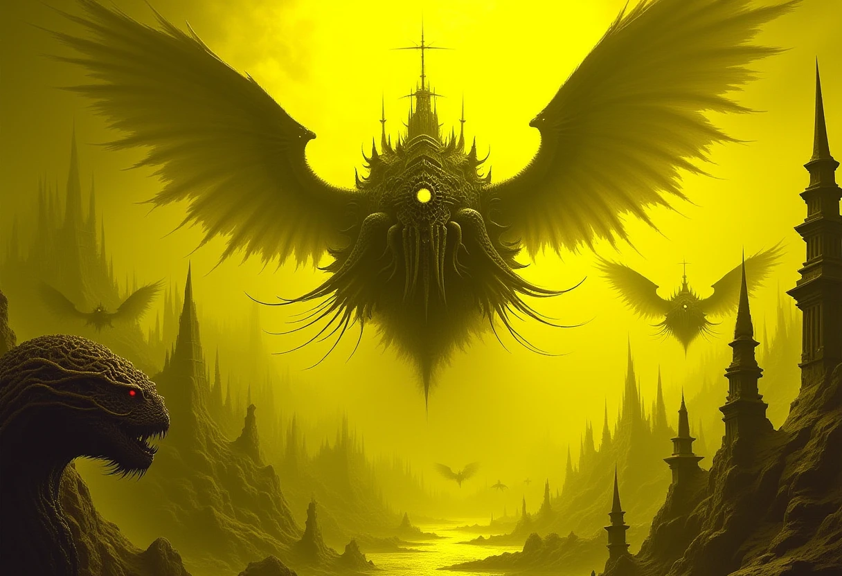 n1ghtm@r3, yellow theme, light rays, flying gothic airship, over a strange city, cosmic skies, pursed by giant winged beasts, glowing eyes, multiple wings, large fangs, tentacles attacking