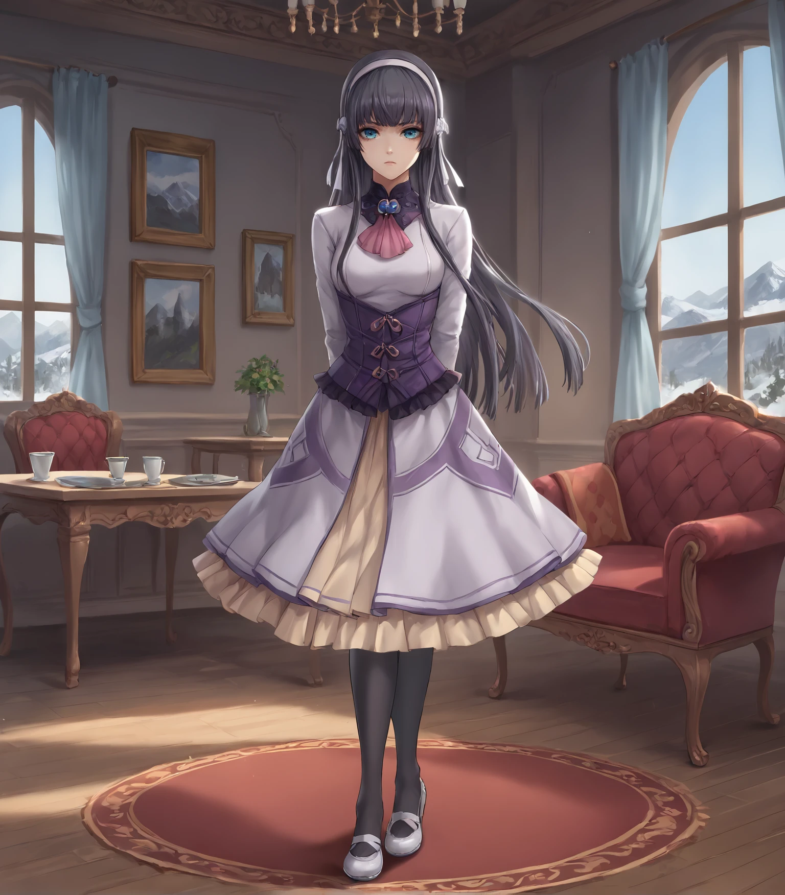 score_9, score_8_up, score_7_up,
1girl, solo, <lora:EliseSchwarzerCS1:0.9>, Elise Schwarzer, blue eyes, long hair, black hair, hairband, medium breasts, dress, purple corset, skirt, black pantyhose, white shoes,
indoors, inside opulent mansion, sofa, table, curtain, rug, window, distant mountains, winter,
looking at viewer, full body, standing, hands behind back,
<lora:LDART_style_pony_v3:0.7>,, <lora:Racoonkun_Artist_Style:0.4>, racoonsan,,