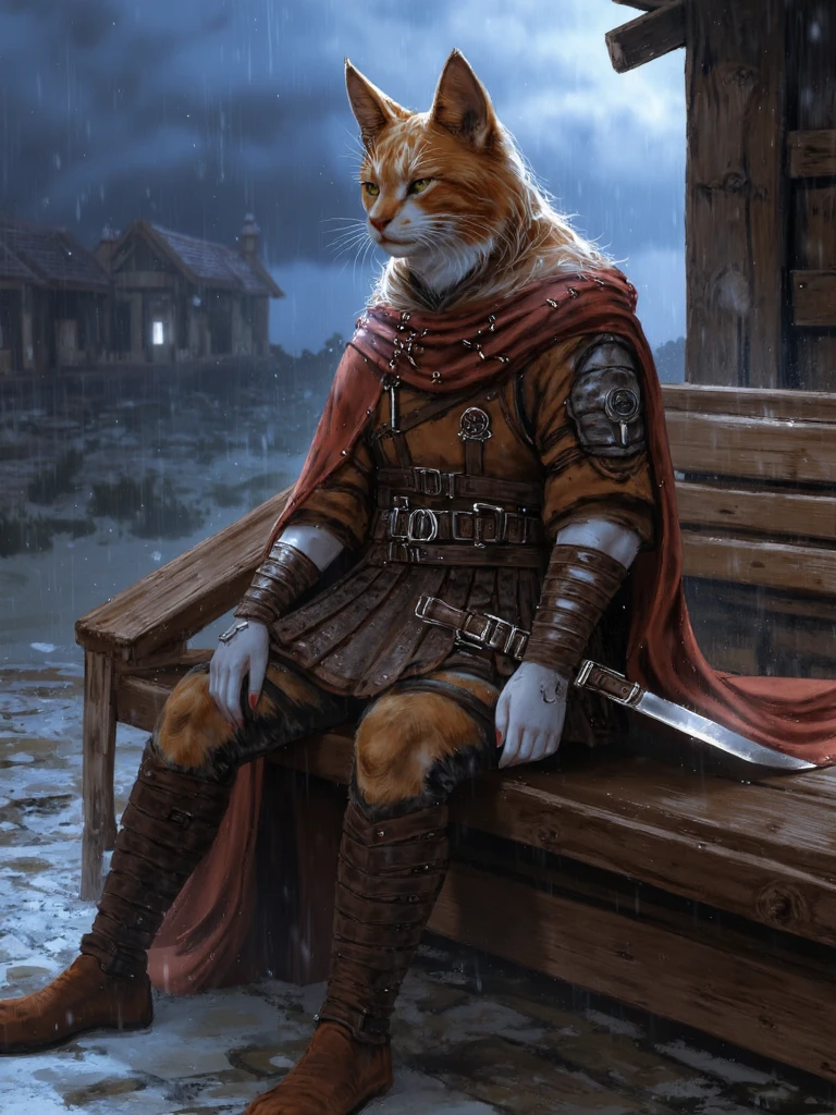 nixeu style, watercolor, humanoid tabaxi cat rogue sitting on wooden bench in meedieval town, he is wearing leahter armor with laces belts and rough cloak, rainy night with dark storm clouds on sky, <lora:SXZ_Nixeu_Flux:1.5>