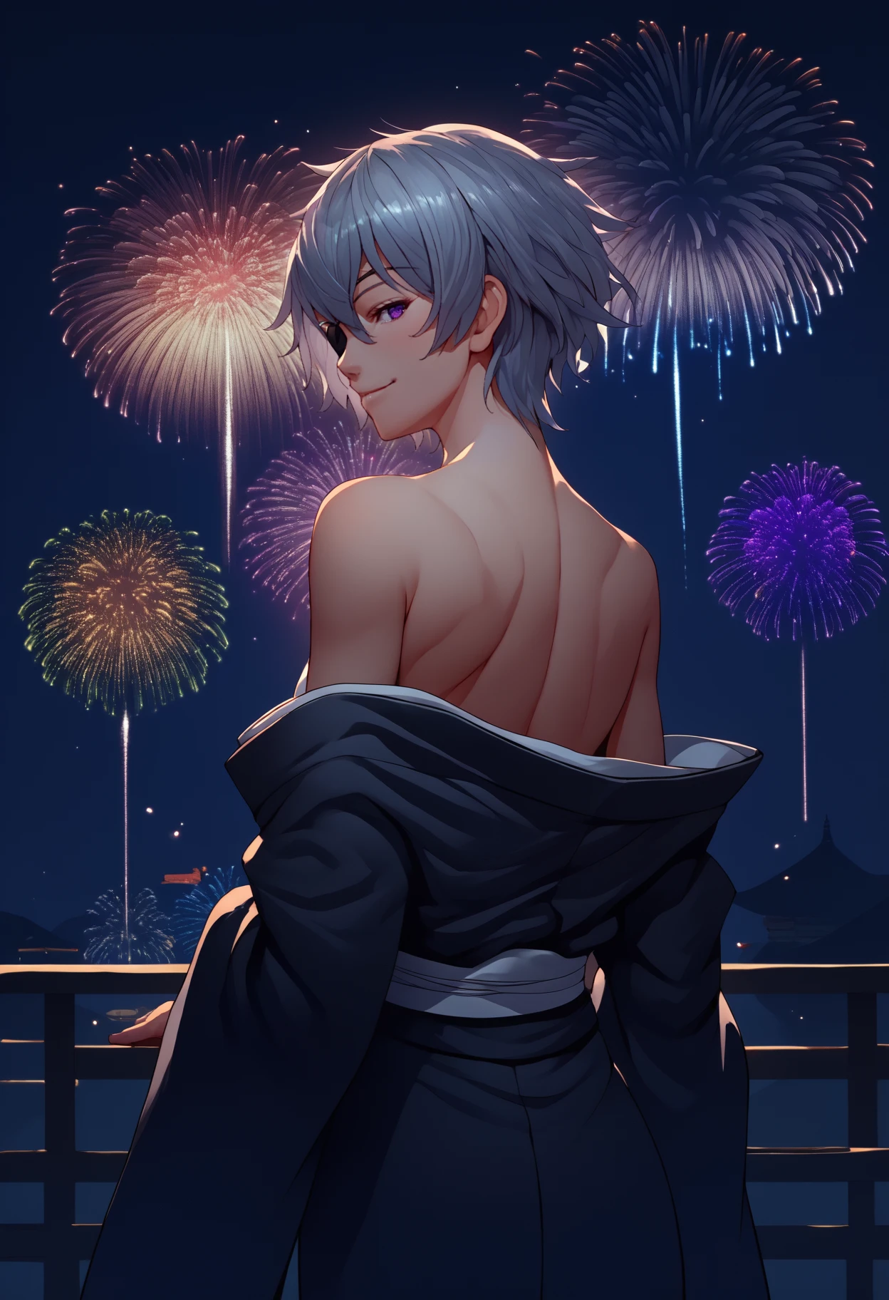 score_9, score_8_up, score_7_up, source_anime, from behind, solo, 1girl, agknajenda, smile, looking back, grey hair, purple eyes, eyepatch, japanese clothes, black kimono, off shoulder, bare shoulders, fireworks
<segment:yolo-face_yolov8m.pt,0.35,0.5//cid=1>