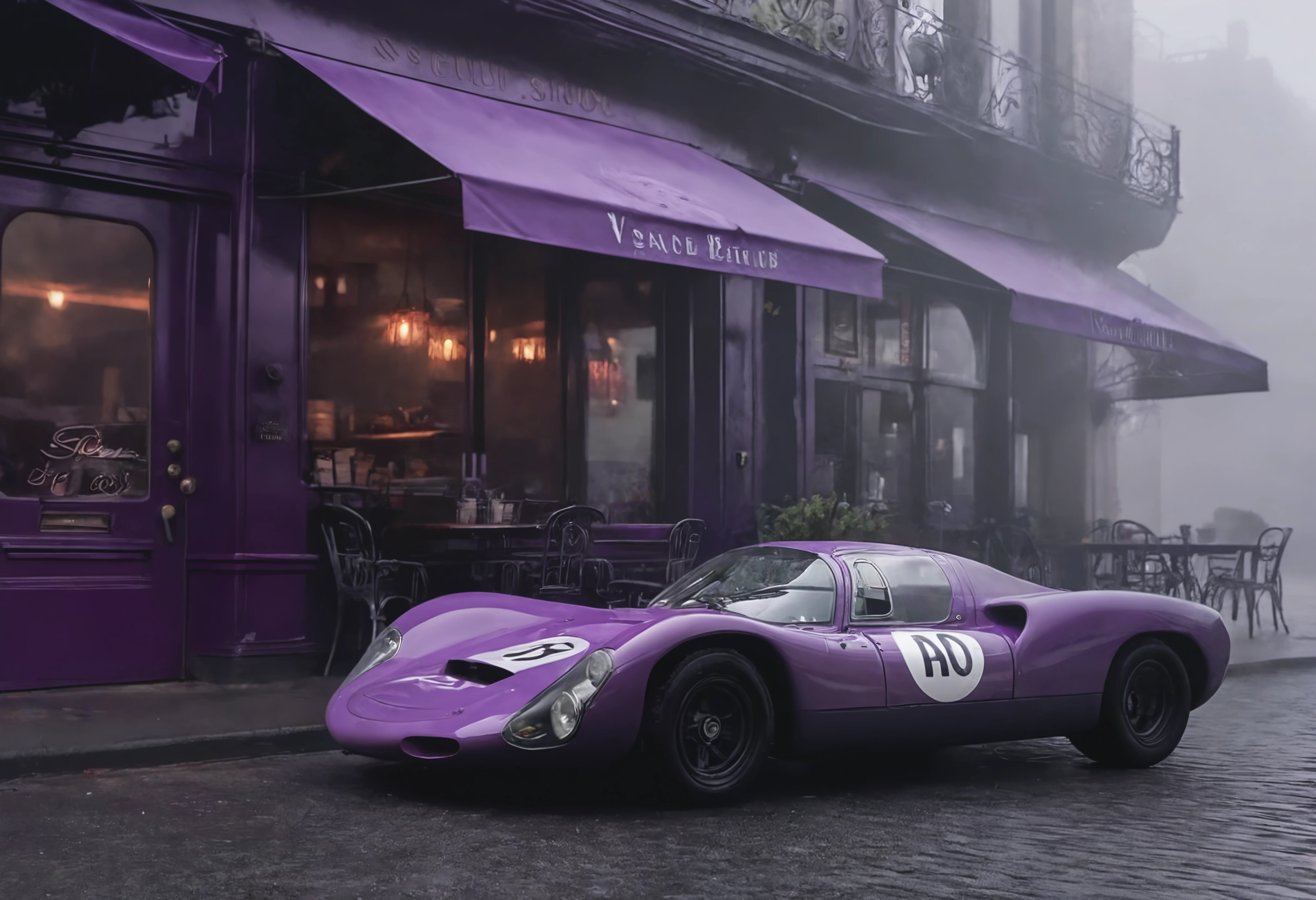 a photograph of a p0rsche9l0xl sports car, Fog/Mist: A misty or foggy setting that creates an ethereal and mysterious ambiance., Violet Purple, front 3/4 view , A vintage Parisian cafÃ© with wrought-iron tables., dark moody low-key, 