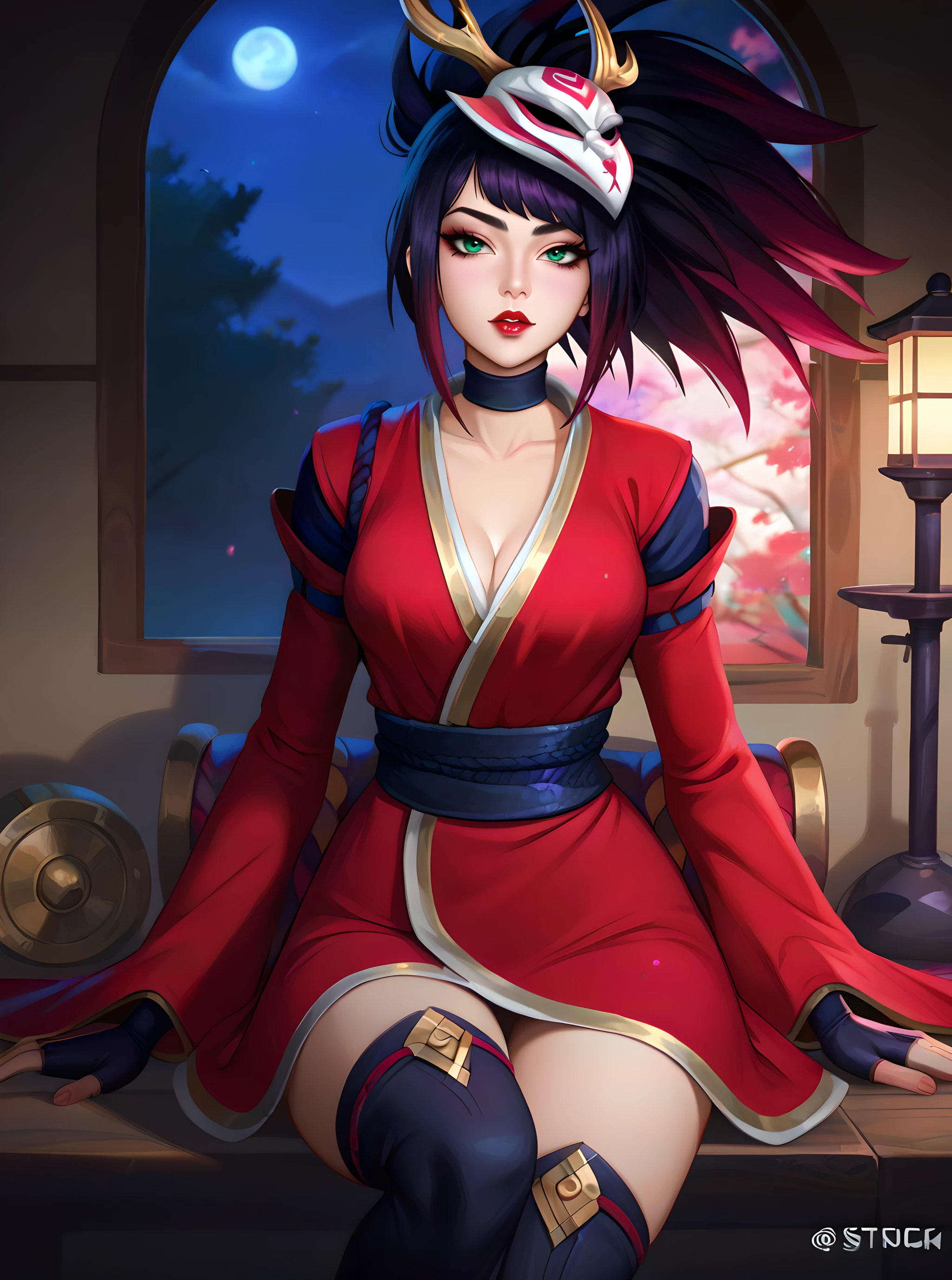 bl00dm00n4kali, blodmoonakali, 1girl, green eyes, makeup, red lips, ponytail, long hair, black hair, mask on head, mask, fox mask, red kimono, japanese clothes, kimono, long sleeves, wide sleeves, choker, cleavage, short kimono, gloves, fingerless gloves, score_9, score_8, score_7, source_anime, zPDXL, <lora:arcan3styl3v1PonySDXL:0.35>, arcan3styl3v1, <lora:4rc4n3XLP:0.51>, 4rc4n3, ( sitting), medieval japan house, indoors, (night), <lora:Bloodmoon_Akali_Pony_v1:0.7>, thighhighs, black thighhighs, looking at viewer, dramatic light