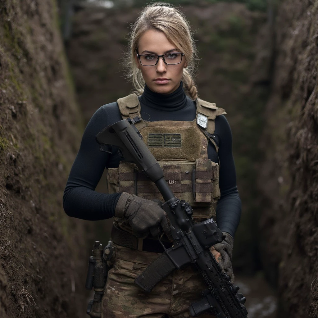 In the photograph, a petite French woman stands resolutely in a muddy trench, her black turtleneck and OCP combat pants smudged with dirt from a long day in the field. She wears a plate carrier over her turtleneck, and her blonde hair falls freely, framing her face adorned with large frame glasses. She grips a marksman rifle with practiced ease, exuding calm determination. Captured with a Canon EOS 5D Mark IV, the image has a slight graininess due to the low light conditions and an ISO setting of 3200, enhancing the gritty realism. The shallow depth of field blurs the trench walls, drawing focus to her poised stance and unwavering expression, embodying strength and resilience amidst the harsh environment.