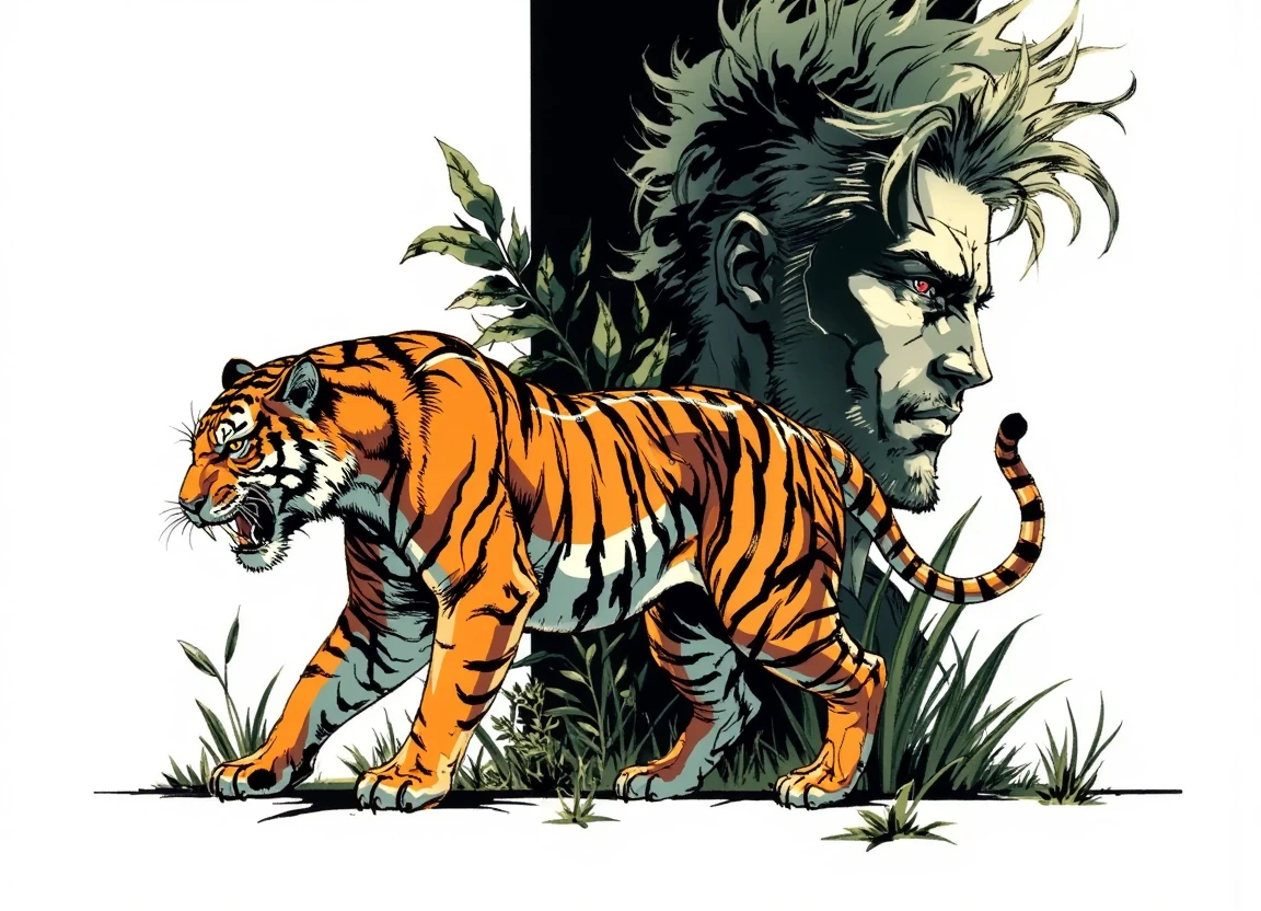 yoji_style, a tiger prowling in the jungle, white background, face of a male soldier silhouetted behind