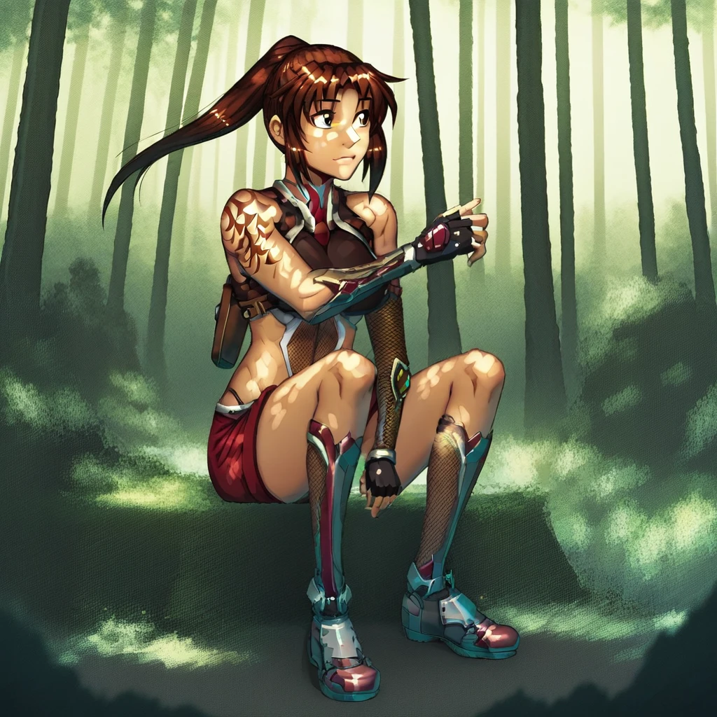 score_9, solo, revy, brown hair, long hair, ponytail, brown eyes, fingerless gloves, outdoors, sitting, forest, natural lighting