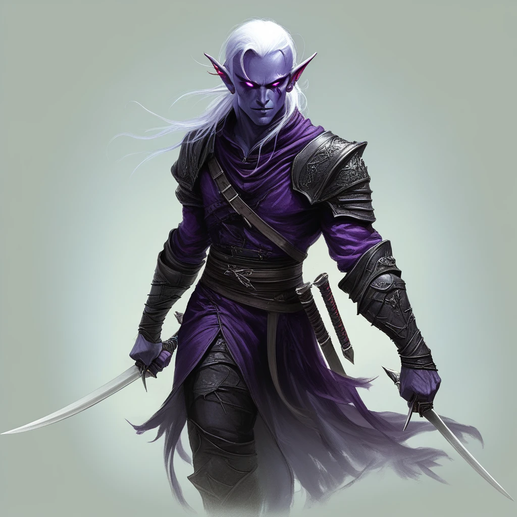 Dark Elf Warrior, 1man, holding scimitars, dual wielding swords,