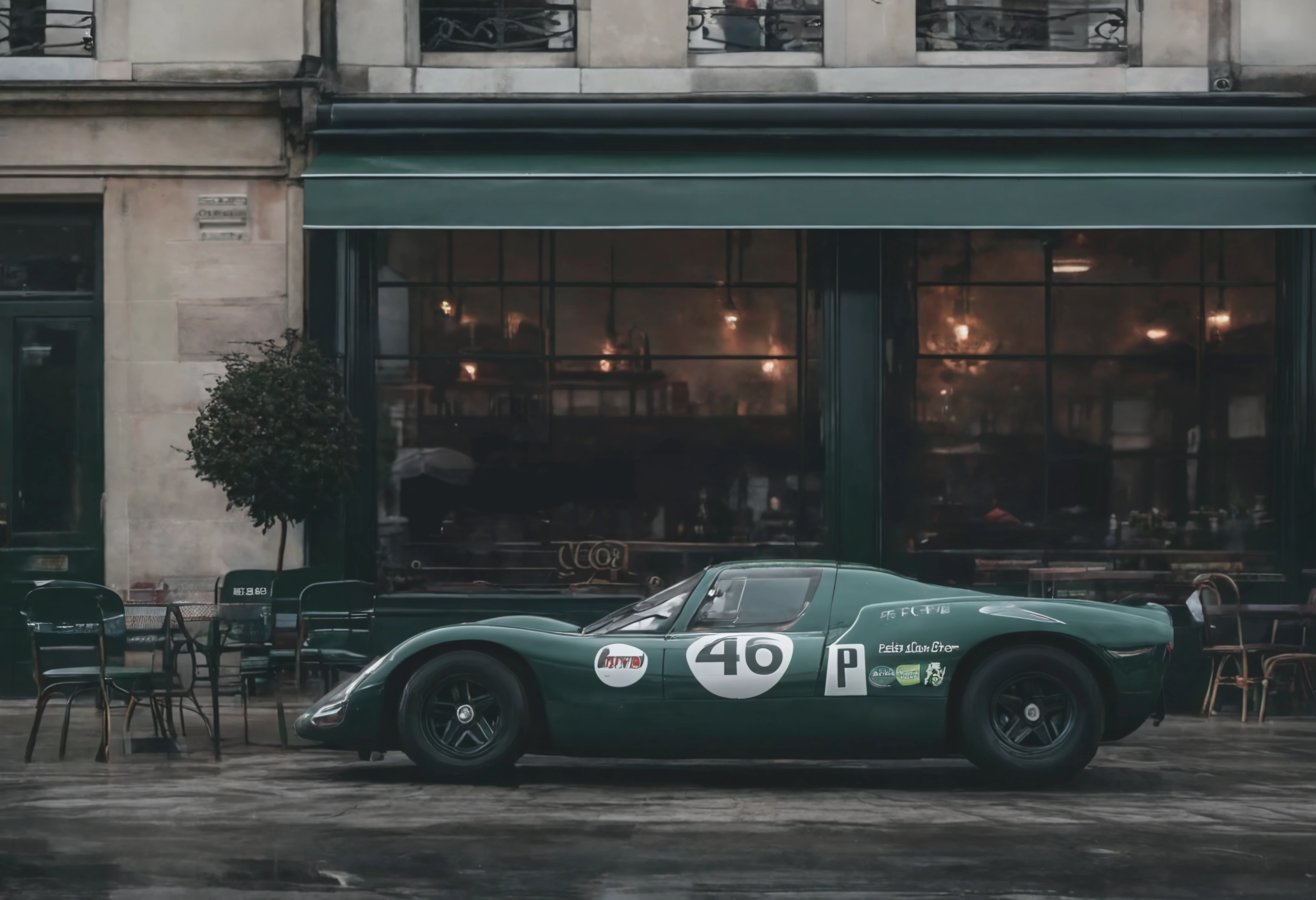 a photograph of a p0rsche9l0xl sports car, Fog/Mist: A misty or foggy setting that creates an ethereal and mysterious ambiance., Racing Green,  side view , A vintage Parisian cafÃ© with wrought-iron tables., dark moody low-key, 