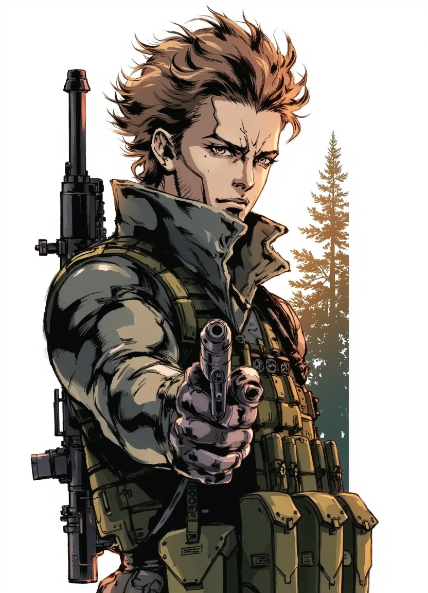 yoji_style, a male soldier in combat gear holding a desert eagle pistol out in both hands, battle post, brown spiky hair, white background with forest silhouette