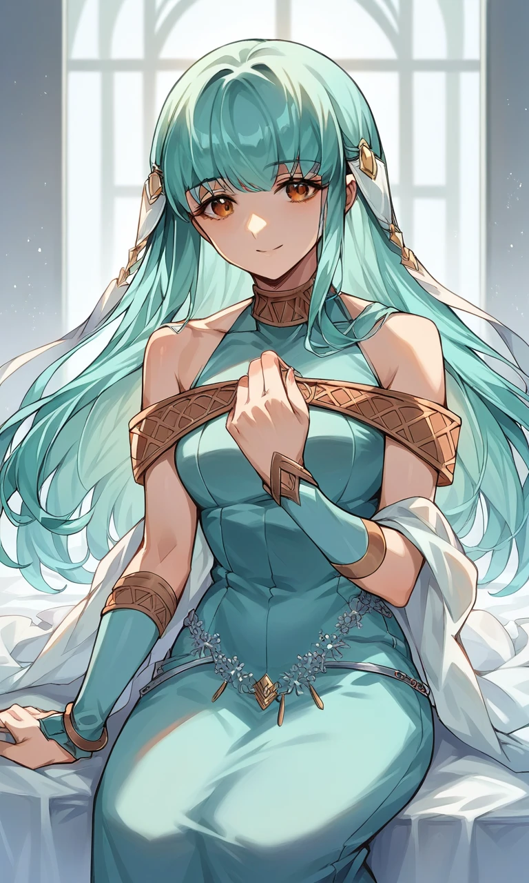 score_9, score_8_up, score_7_up, source_anime BREAK, 1girl, ninian, hair ornament, red eyes, aqua hair, dress, bare shoulders, smile, indoors, full body