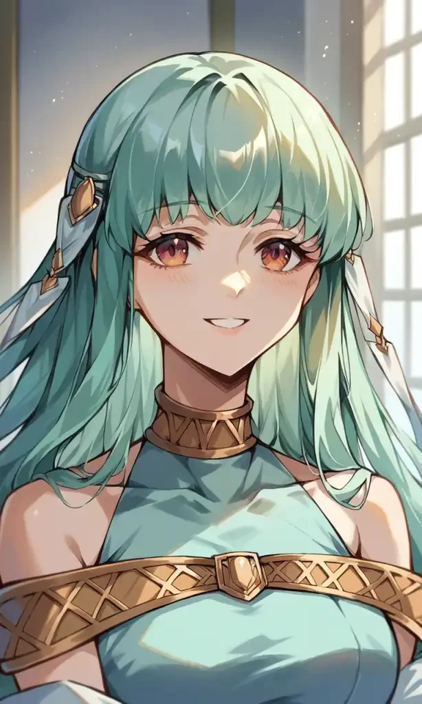 score_9, score_8_up, score_7_up, source_anime BREAK, 1girl, ninian, hair ornament, dress, bare shoulders, smile, indoors, upper body, portrait,