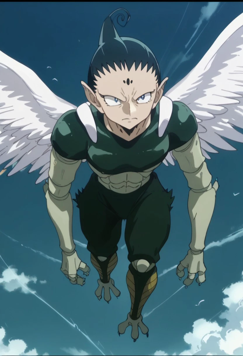 score_9, score_8_up, score_7_up, source_anime, rating_safe, flying, ColtHXH, black Colt hair, black Colt forehead mark, blue Colt eyes, 1boy, male focus, anime screencap, white Colt angel wings, Colt upper body, Colt lower body, Colt claws, Colt talons,