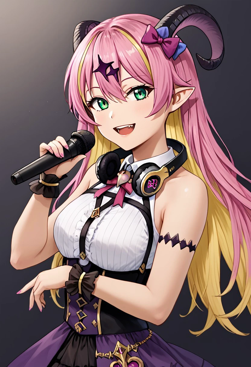 1girl, solo, highres, ManoAloe, long hair, multicolored hair, blonde hair, pink hair, demon horns, pointy ears, hair ornament, asymmetrical horns, green eyes, bangs, hair between eyes, colored inner hair, hair bow,
bare shoulders, bow, chest harness, sleeveless shirt, wrist cuffs, purple skirt, arm strap, white shirt, headphones, headphones around neck, 
upper body, smile, looking at viewer, open mouth, singing, 
IncrsNeverGonnaGiveUUp, microphone, holding microphone,