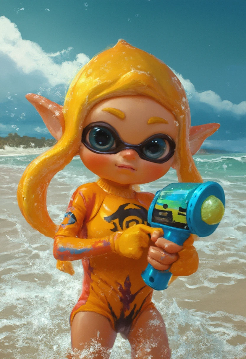masterpiece、Highest quality、High resolution、Real Anime、3d、Splatoon Girl、Tanned girl in a swimsuit standing on the beach、Short tentacle hair、Golden tentacle hair，A slightly thinner face、Golden Eyes、Illuminated by the setting sun，Beautiful sunset，Smiling at the viewer、blush、gigantic breast、Cleavage，Put your arms behind your back、cuminmouth