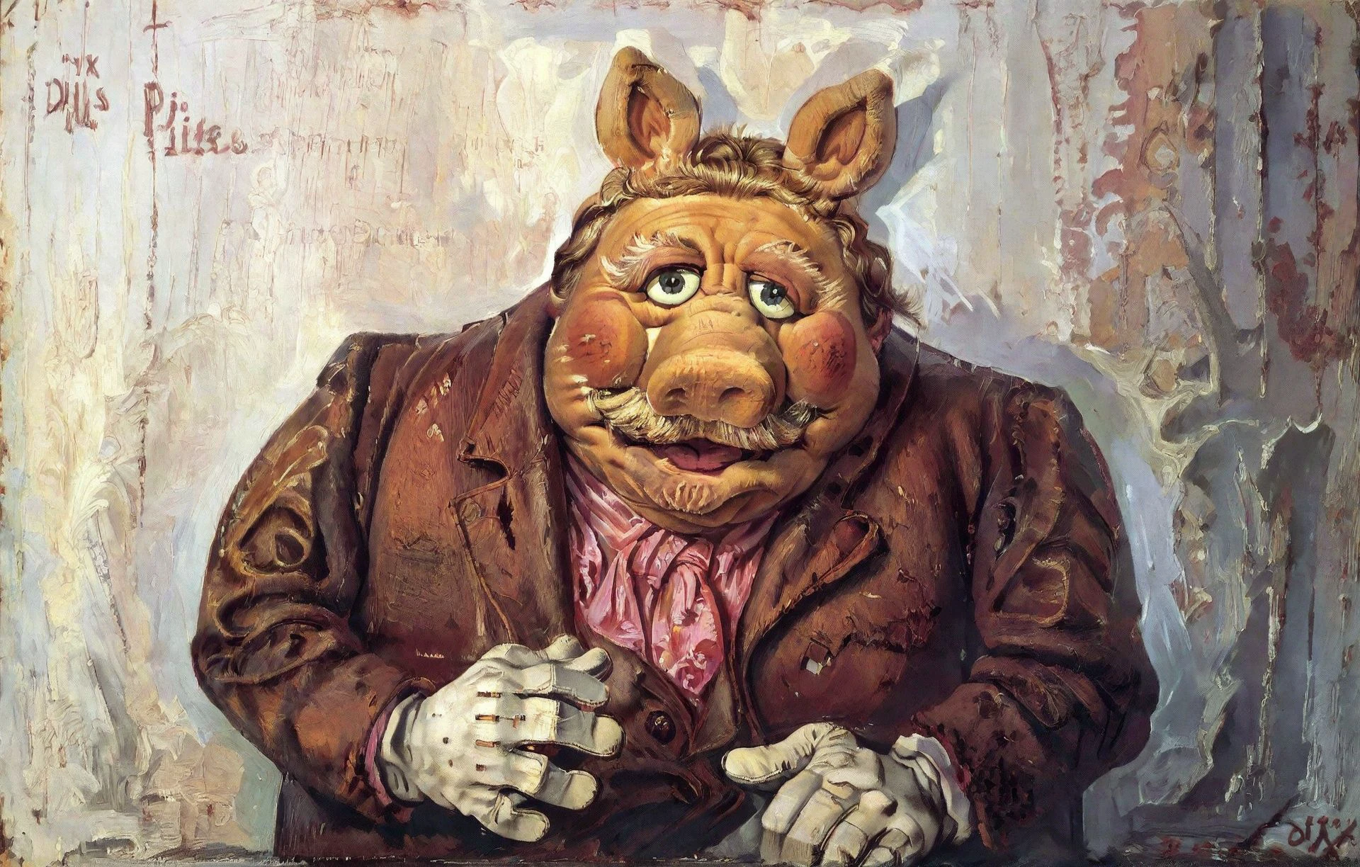 <lora:otto-dix_pony_v1:1> mughal \(style\),  'portrait of miss piggy ' by dix otto in 1932, portrait \(genre\), verism \(style\), male-portraits, mustache  <lora:Miss_Piggy_Pony:1> uncensored, gloves,, score_9, score_6_up, score_7_up