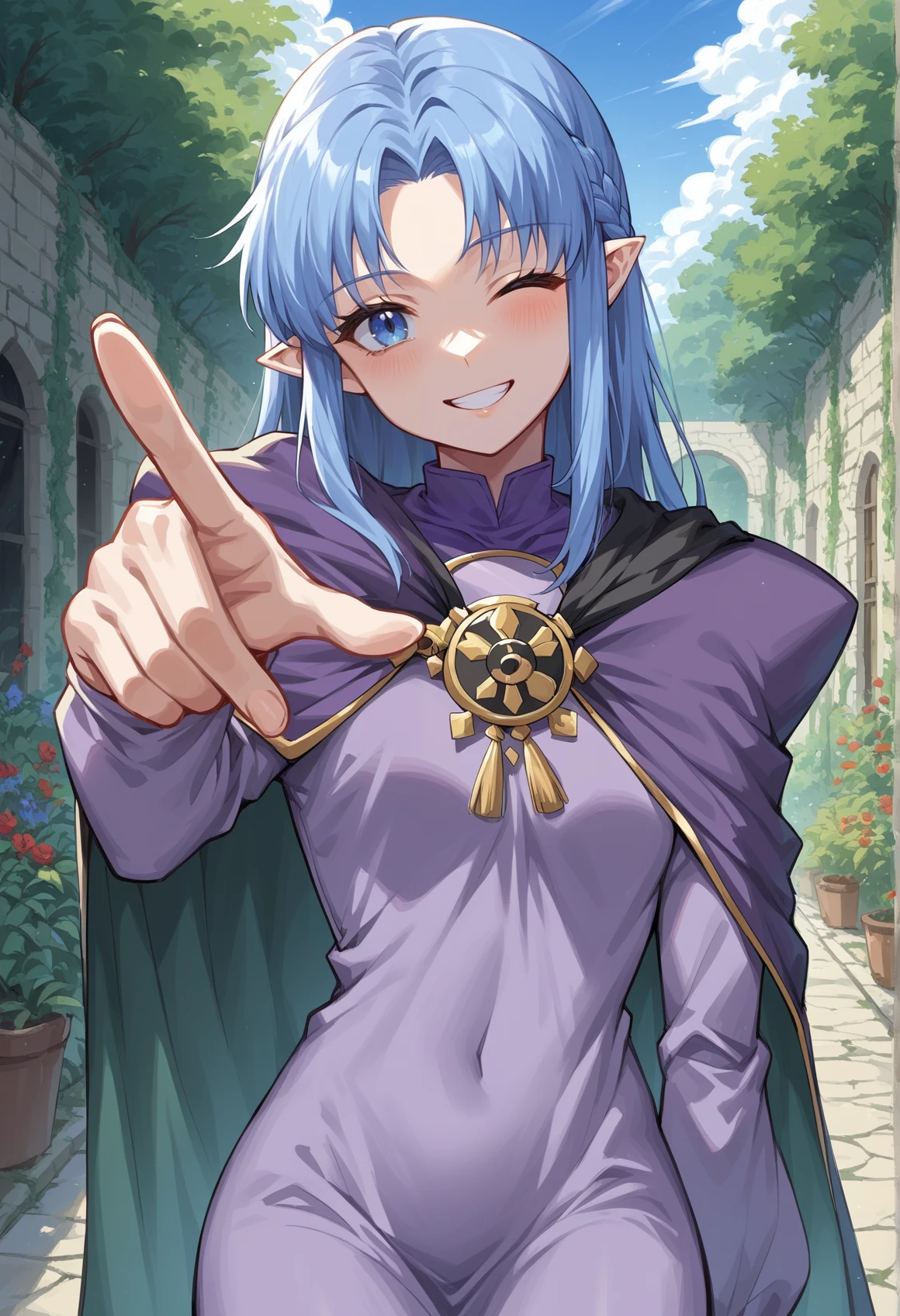 1girl, pointy ears, blue hair, long hair, braid, blue eyes, long dress, purple dress, cape, wink, (bleeding, blood), smile, finger gun, pointing at viewer, head out of frame, see you space cowboy, close-up, outdoors, garden, sunlight  <lora:Medea_XL:1>, score_9, score_8_up, score_7_up, score_6_up, score_5_up, score_4_up, BREAK source_anime, masterpiece