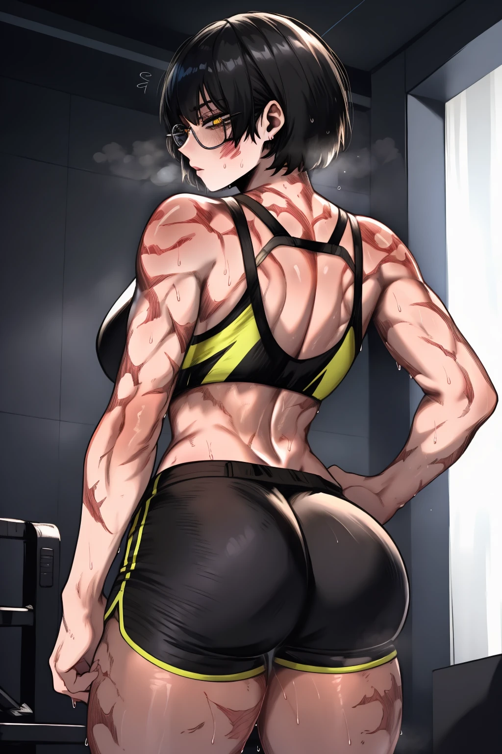 Best_QualityPos, RAW photo, intricate details, best quality, 8k uhd, soft lighting, 1girl, solo, short hair, black hair, hair slicked back, yellow eyes, black sports bra, black gym shorts, abs, muscular female, toned, glasses, blush, sweat, sweatdrop, flying sweatdrops, heavy breathing,  <lora:masoq095:1> , masoq095, from behind, butt crack