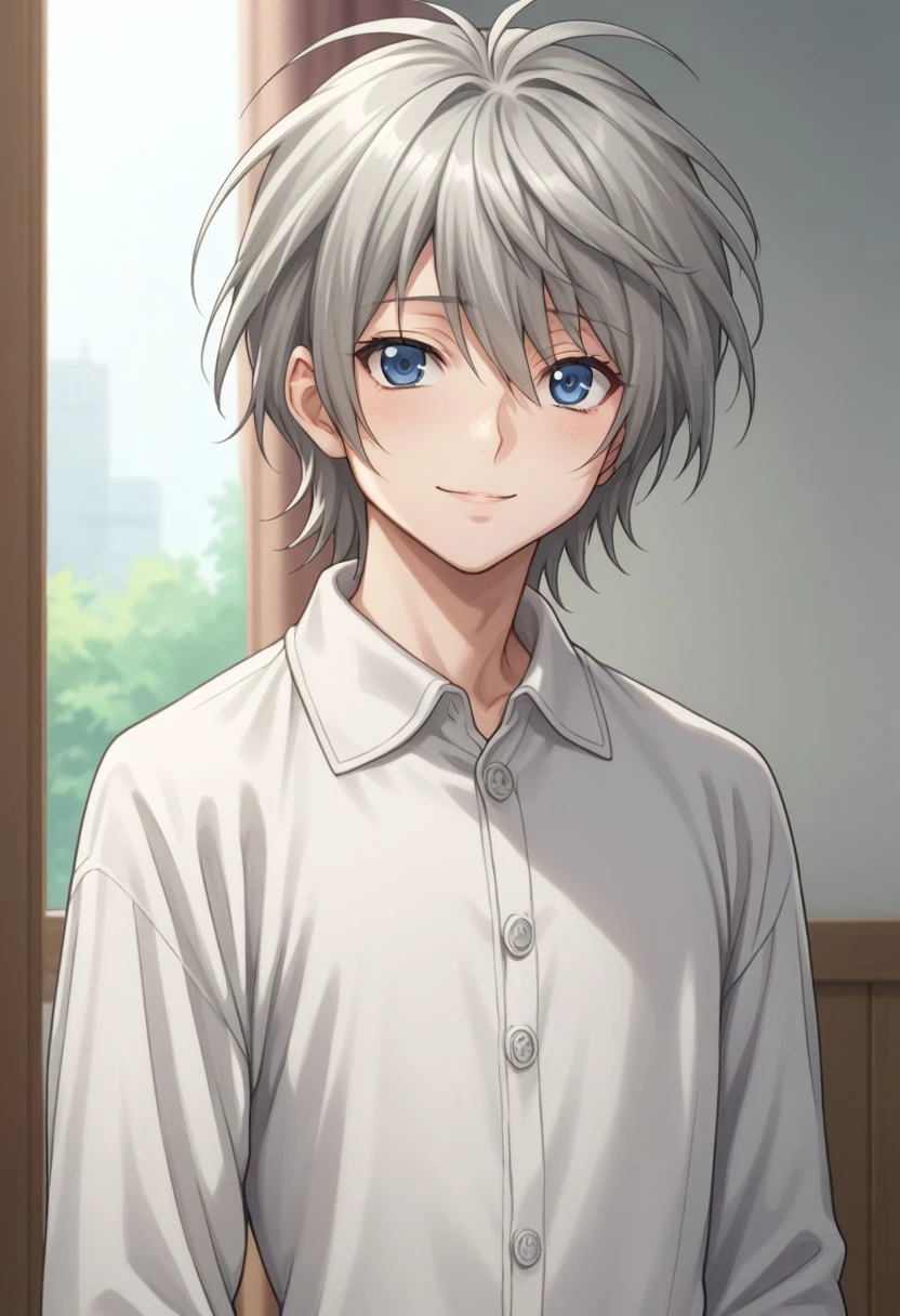 score_9, score_8_up, score_7_up, source_anime, highly detailed, 
shiina, solo, blue eyes, male focus, 1boy, upper body, grey hair, standing, long sleeves, looking at viewer, blue eyes,  smile, shy, 
indoor, pajama shirt,