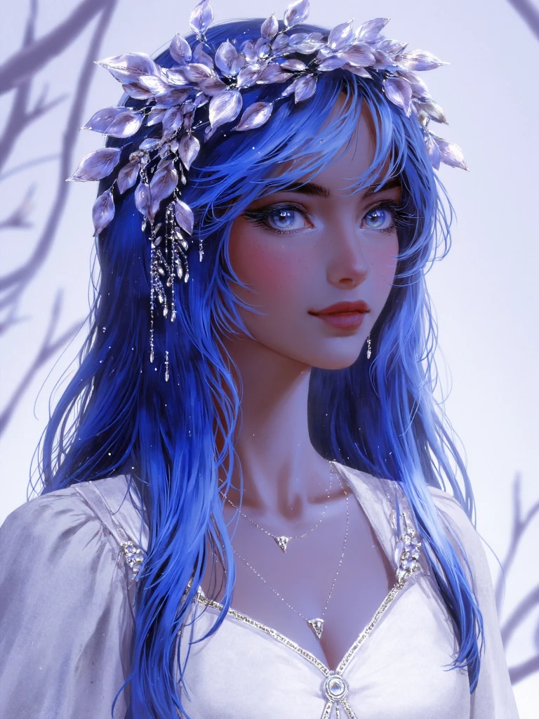 nixeu style, watercolor, elf woman with dark purple skin and glowing cyan eyes, she have long blue hair, she wearing white dress with silver ornaments and head wreath made of leaves,<lora:SXZ_Nixeu_Flux:1.5>