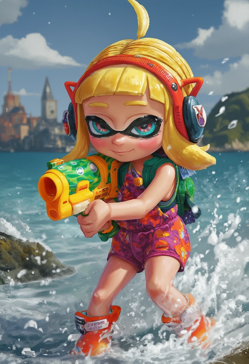 inkling girl using a watergun at the beach