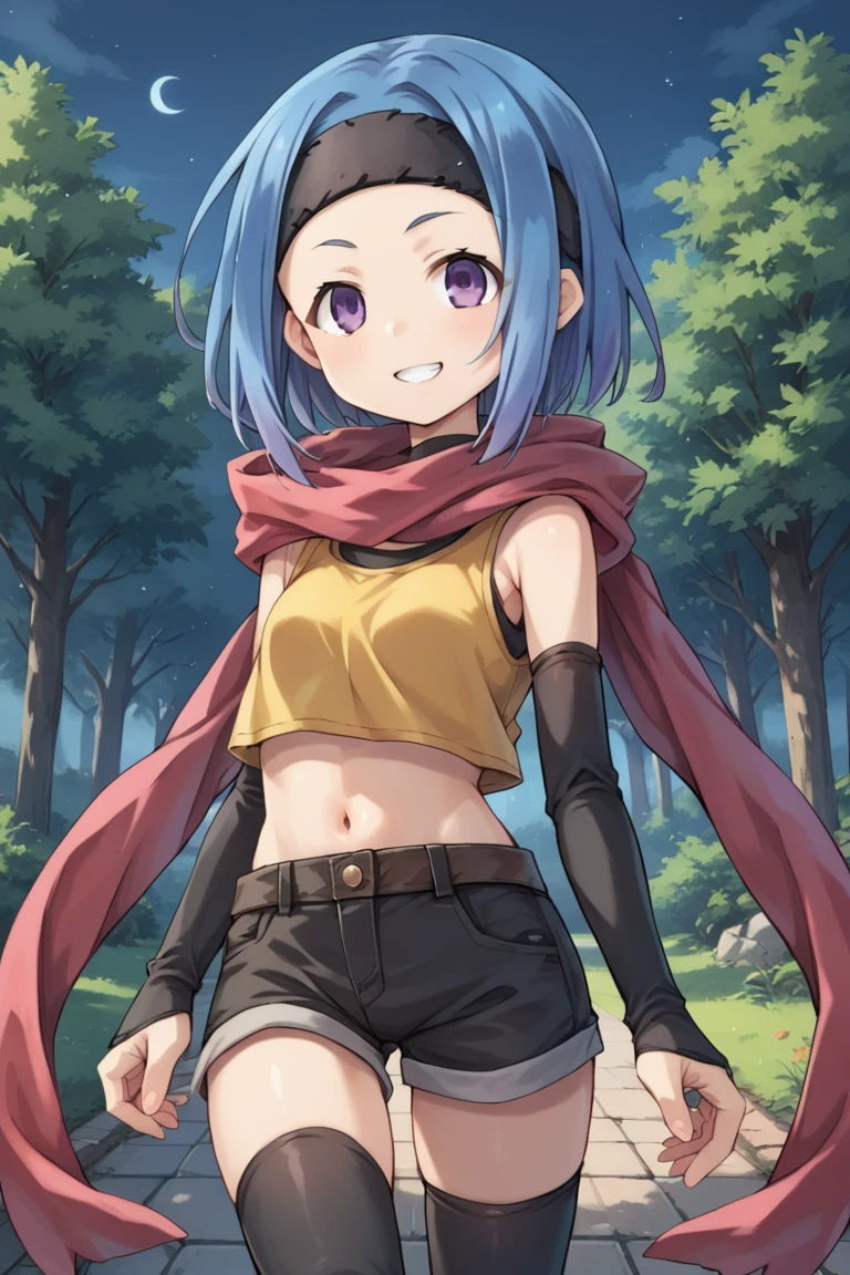 (score_9, score_8_up, score_7_up, score_6_up), source anime, BREAK, solo, <lora:Elena:0.70> eledef, dark skin,1girl, purple eyes, short hair, blue hair, red scarf, headband, yellow crop top, midriff, (single gauntlet), black shorts, thighhighs, mismatched legwear, asymmetrical legwear, cowboy shot, night, exterior, forest, trees, closed mouth, smile, from side, profile, smile, smug grin,  looking at viewer, <lora:zy_Detailed_Backgrounds_v1:0.5> , detailed background, highly detailed,   <lora:backgroundsetXL:0.4> , background,