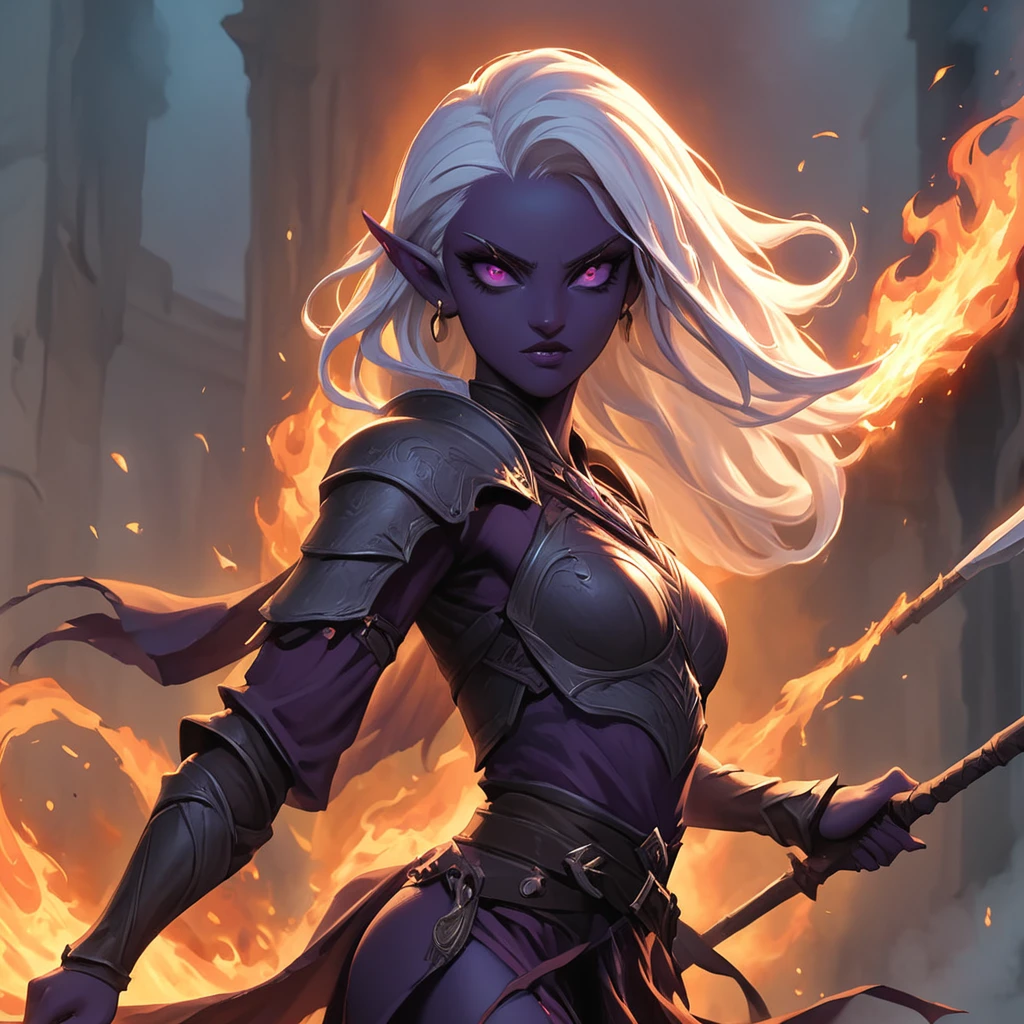 Dark Elf Warrior, woman, holding a spear, fire magic