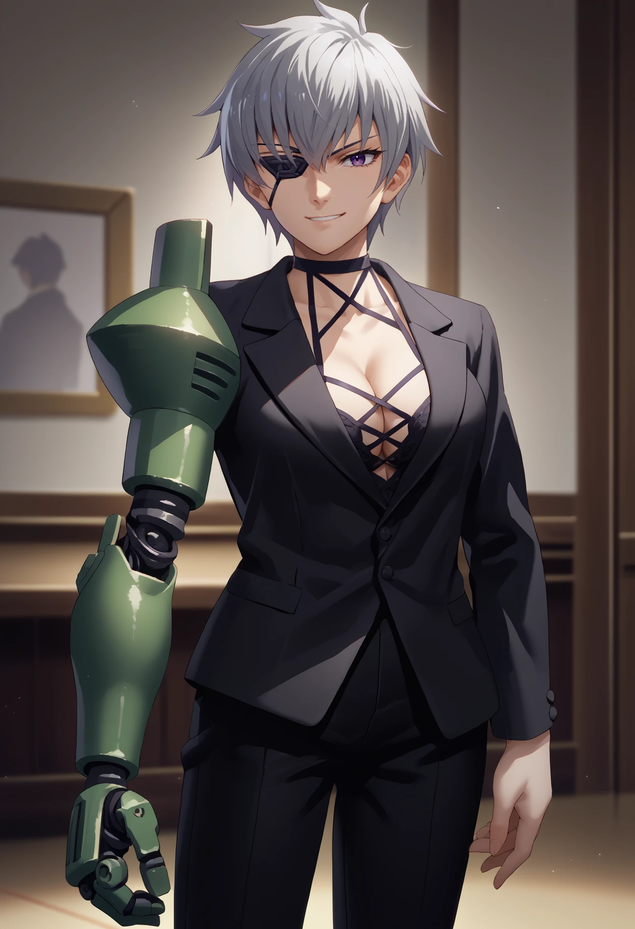 score_9, score_8_up, score_7_up, source_anime, solo, 1girl, agknajenda, single mechanical arm, smirk, looking at you, standing, grey hair, purple eyes, eyepatch, formal, black jacket, long sleeves, black pants, black choker, cleavage, indoors
<segment:yolo-face_yolov8m.pt,0.4,0.5//cid=1>