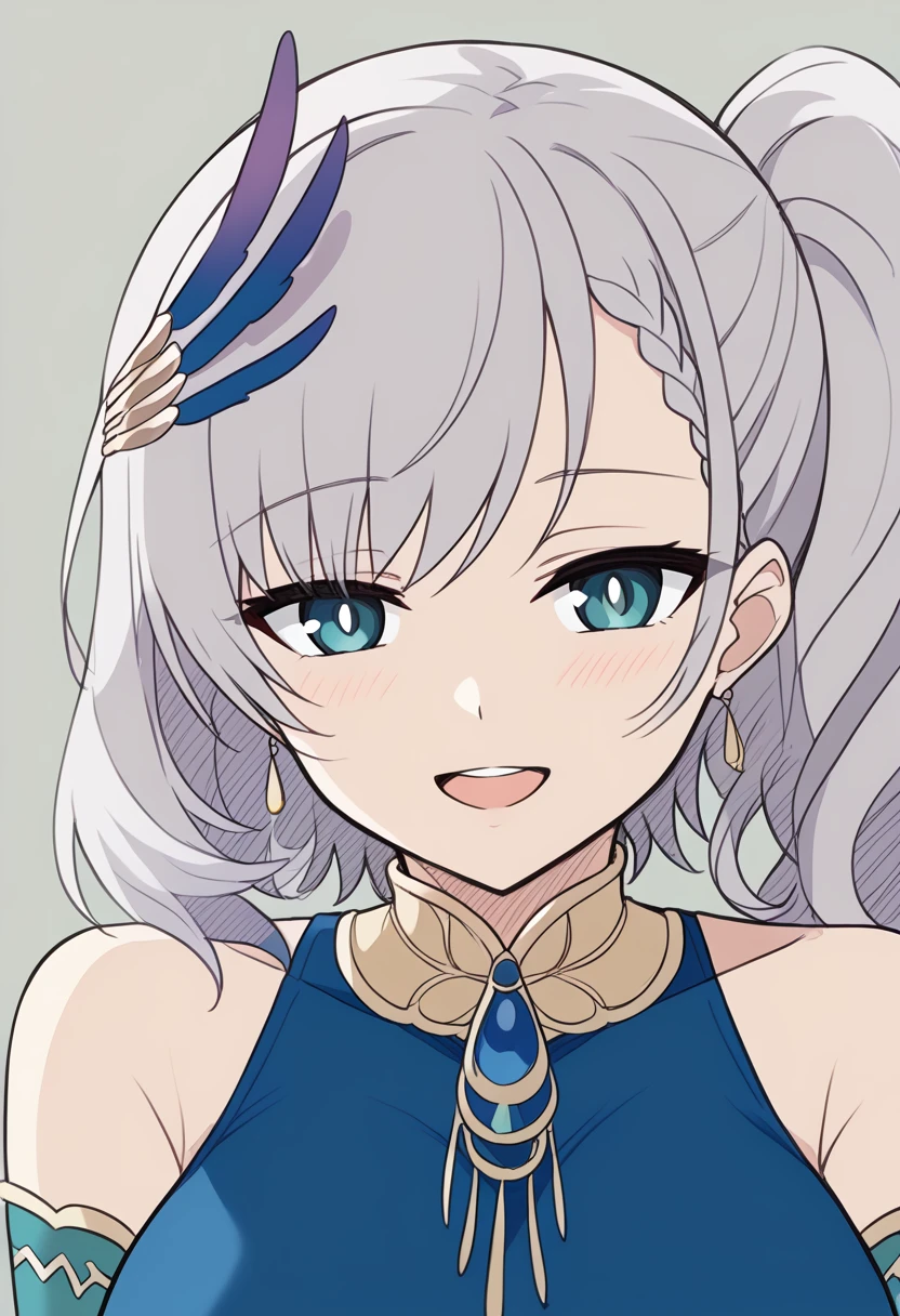 1girl, pavolia reine, pavolia reine \(1st costume\), hololive indonesia, t1kosewad, sketch, flat color,
long hair, silver hair, aqua eyes, side ponytail, feather hair ornament, large breasts, blue dress, open mouth, seductive smile,
white background, upper body,
score_9, score_8_up, score_7_up,
<lora:reine-pony:1> <lora:t1kosewad-pony:1.2>