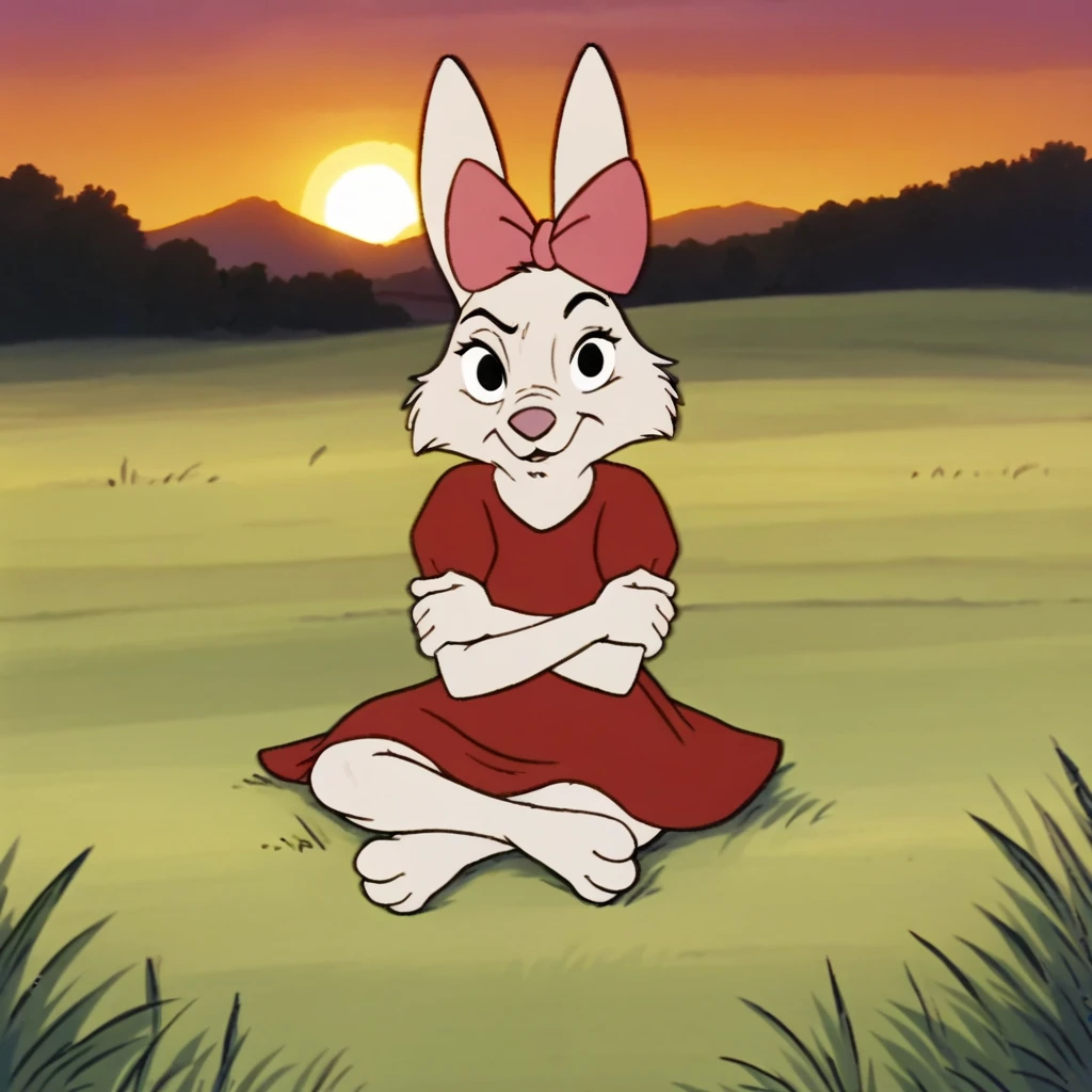 sis, in grass, on ground, sitting, looking at viewer, raised eyebrow, (bunny:0.5), ears, sunset, red dress, pink bow, crossed arms, legs out  <lora:sis-ponyv6xl:1.0>