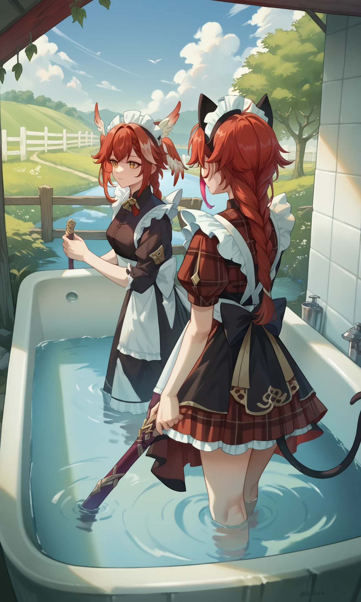 score_9, score_8_up, score_7_up, source_anime, diffRef, plaid shirt, obijime, red skirt, elezen, ass, miniskirt, cloudy sky, bow, day, holding weapon, long tongue, cow ears, braid, black headwear, head wings, tree, bathtub, fence, cat tail, blue sky, musou isshin (genshin impact), standing, indoors, sisters, siblings, frilled skirt, red hair, glowing, water, maid headdress, jirai kei