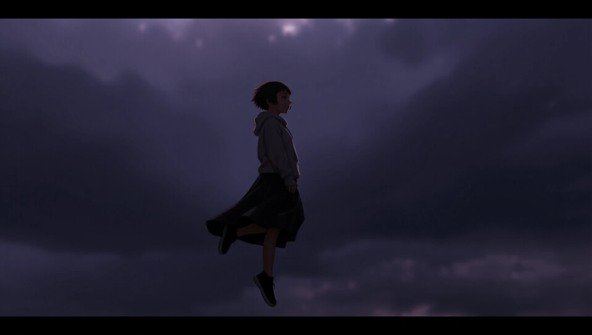 range_murata,

hoodie,legs, muted colors-light, beautiful perfect symmetrical face, summer clouds darken background, beautiful cute anime teenager woman high jump,in motion, long skirt, full body, chromatic aberration, side view-body, action shot,