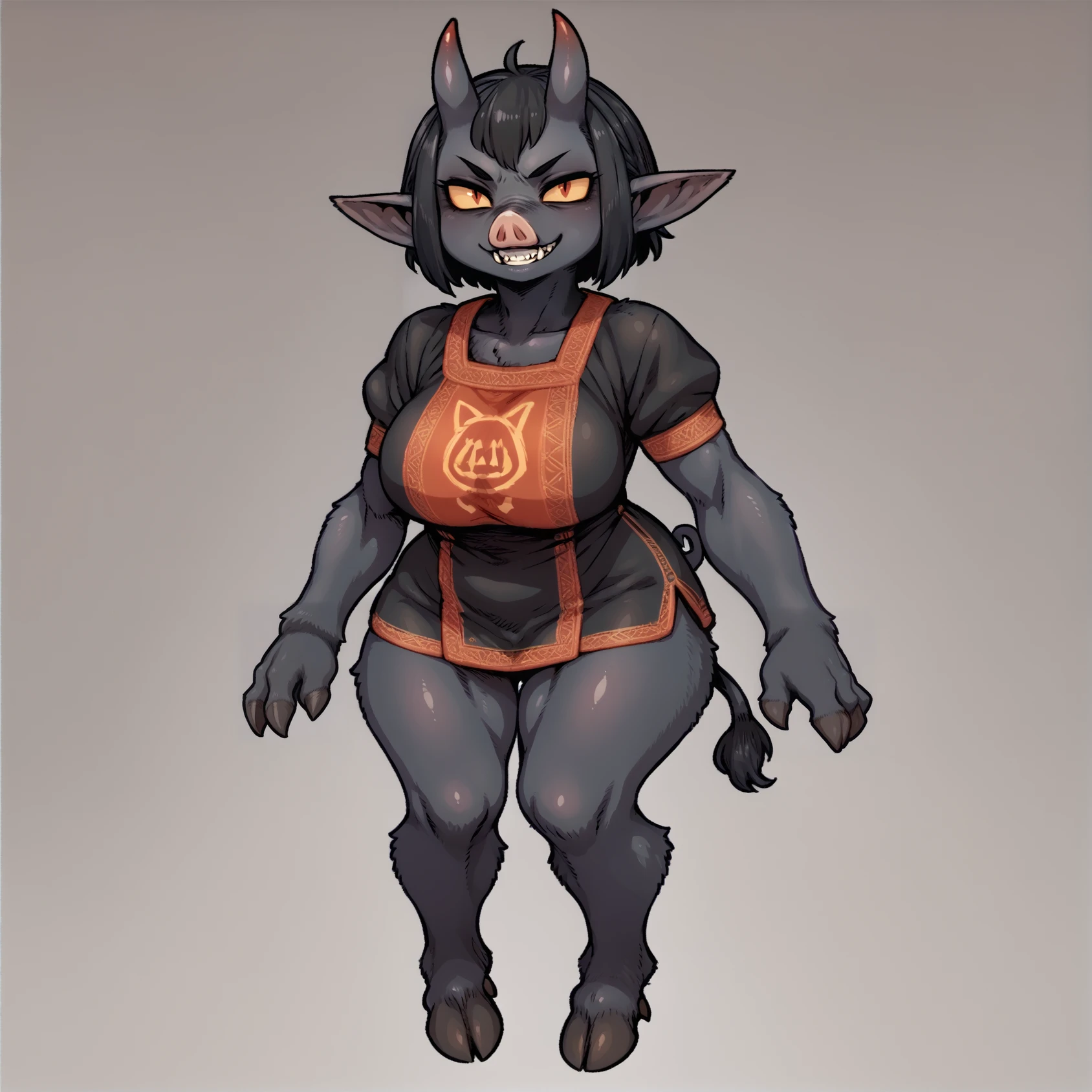 score_9, score_8_up, score_7_up,
by nezumi \(artist\), 
Chort,  anthro, female, large breasts, thigh hips, horns, pointy ears, black hair, fangs, pig nose, pig tail, curled_tail,  black body,  black fur, hooves, piglin,  evil grin, 
<lora:Chort:0.6>
<lora:PDXL_artist_tags_v2_big:1>