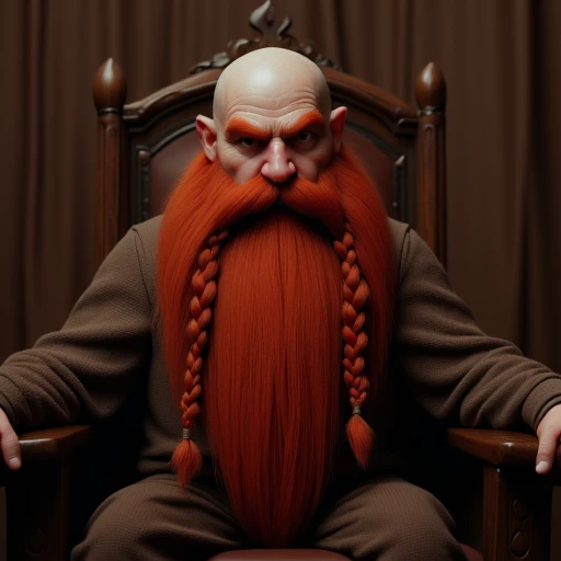 Harry_Dwarf, long red beard, bald, braided moustache, sitting in a throne room