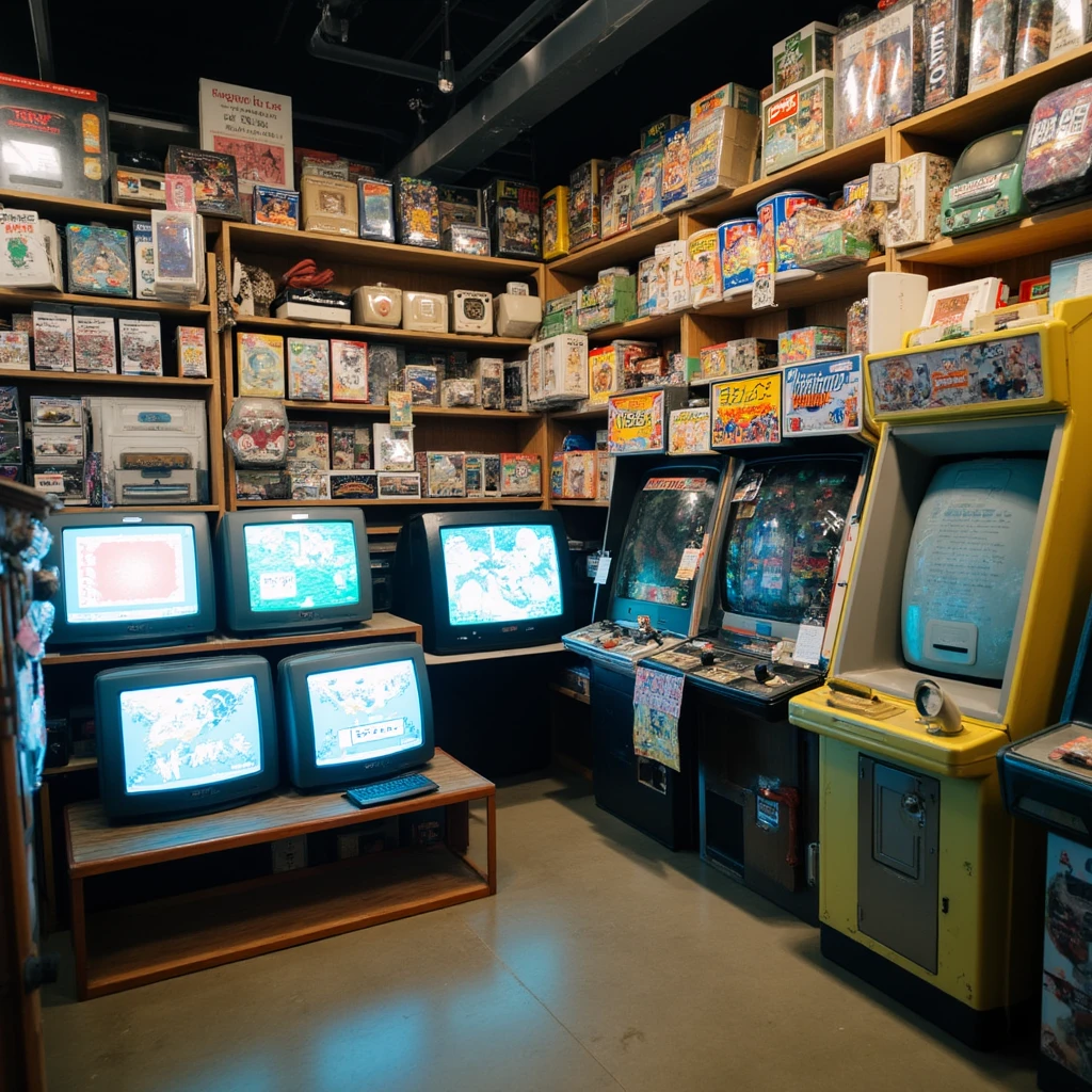 An old and huge store contains CRT TVs and many ancient game consoles and arcade machines.