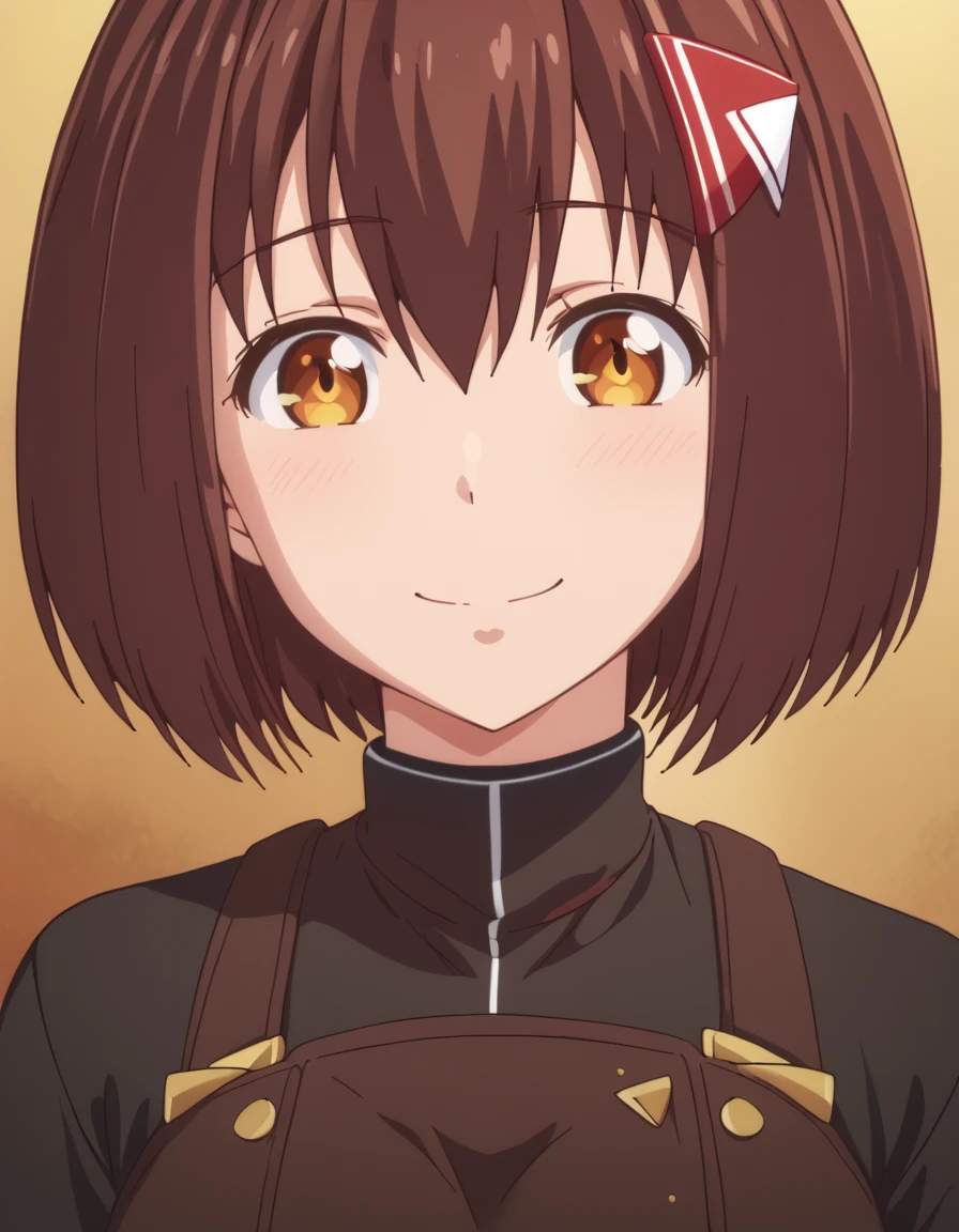 Yuuhi, short hair, bangs, brown hair, hair between eyes, brown eyes,  <lora:SummonedSecondTime:1> portrait, soft smile