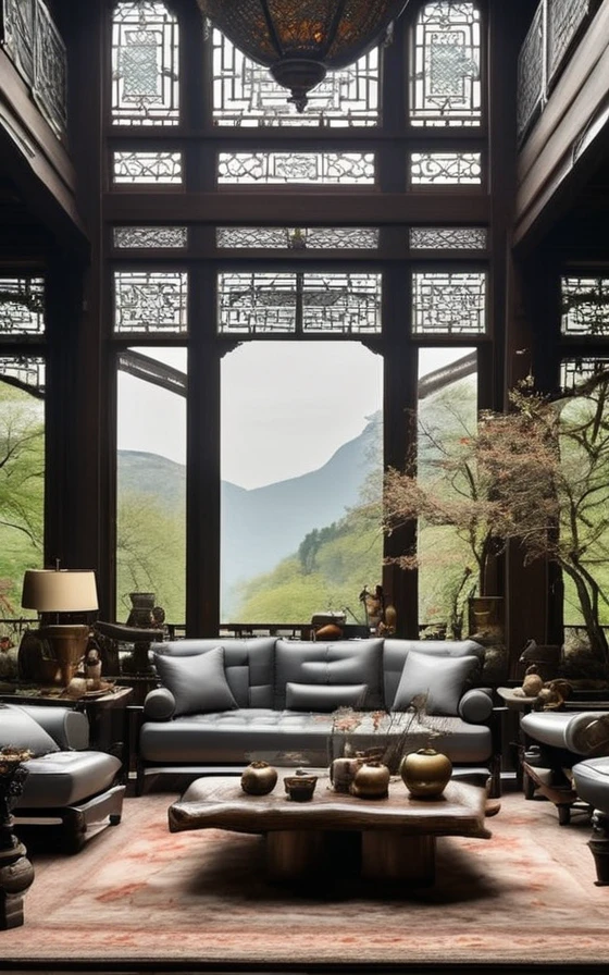 no humans, gray leather couch, scenery, indoors, tree, couch, window, wooden table, teapot, pillow, chandelier, rug, glass window, sky,<lora:Chinese Home Interior V4 xl-000008:1>, rug, couch, ribbon, modern style, (masterpiece),(high quality), best quality, super detailed, (full detail),(4k),8k, scenery
