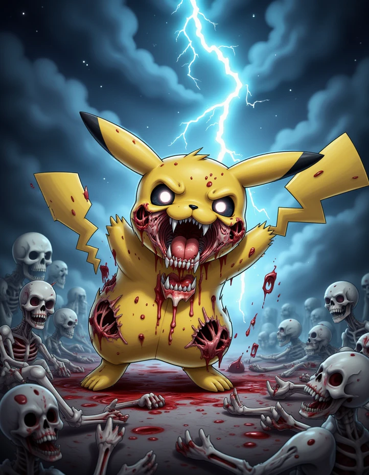  A pikachu shooting blue lightning in the style of PokeZom, blood, bones, flesh, zombie