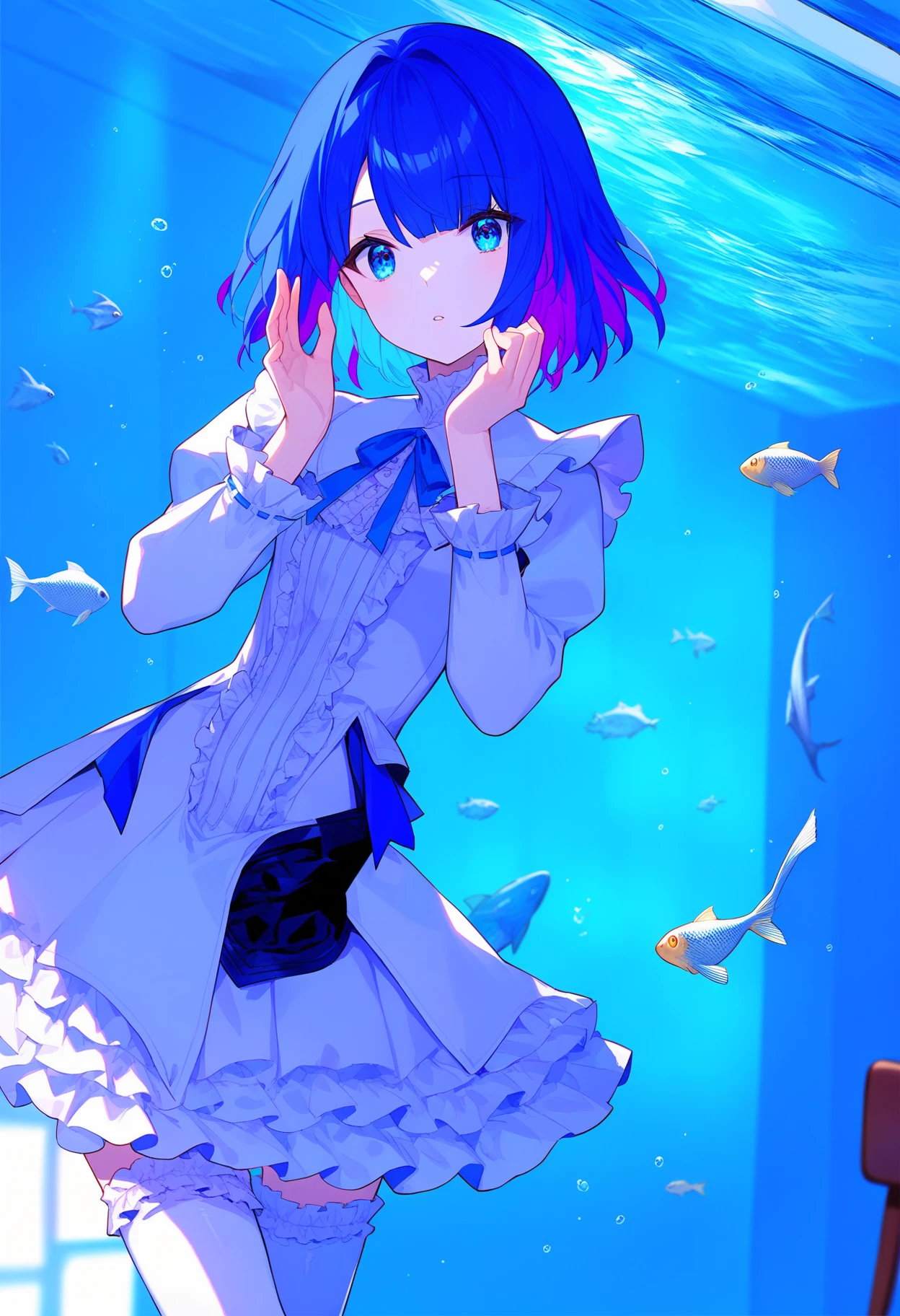 score_9, score_8_up, score_7_up, source_anime,
BREAK
<lora:shiuzichoV1-000008:0.8>, 1girl, solo, looking at viewer, bangs, blue eyes, thighhighs, long sleeves, dress, blue hair, standing, purple hair, multicolored hair, frills, parted lips, indoors, medium hair, white dress, blurry, white thighhighs, hands up, chair, frilled sleeves, fish, blue theme, blurry foreground