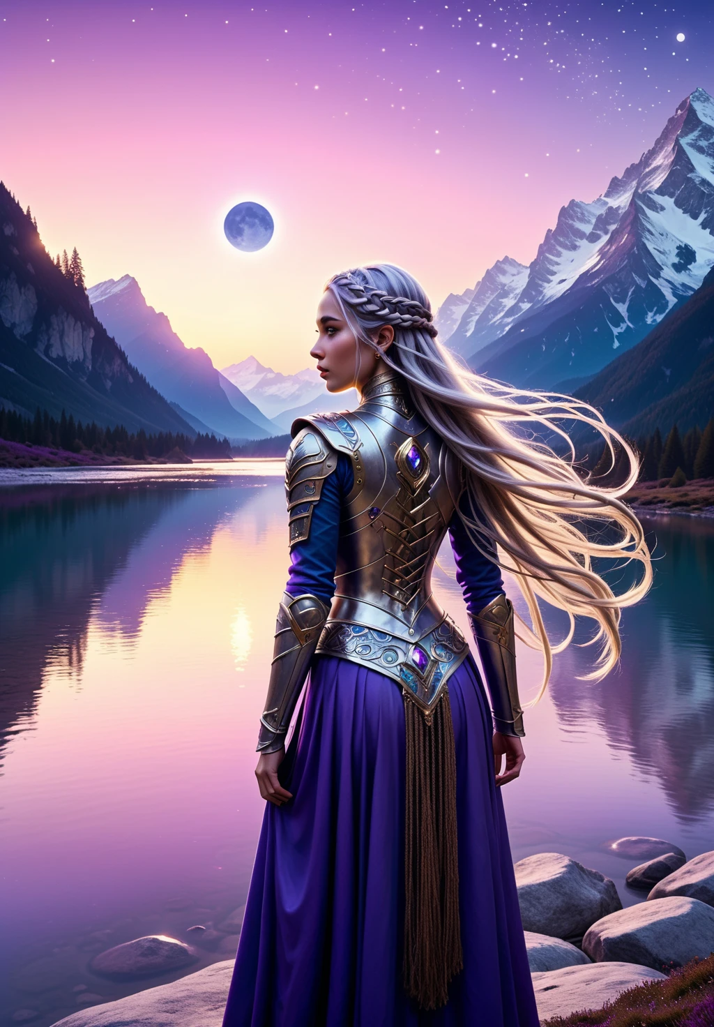 a majestic fantasy landscape with towering snow-capped mountains under a twilight sky, a glowing purple moon casting a mystical light, a serene river winding through the valley, and a female figure with long silver hair and intricate braids gazing at the scenery, wearing ornate armor with deep blue and gold accents, ethereal atmosphere with soft lighting, Canon K35 prime lens 35mm, T1.3, ISO 200, cinematic composition with a focus on vastness and detail, <lora:BDetailedv3-000007:1>