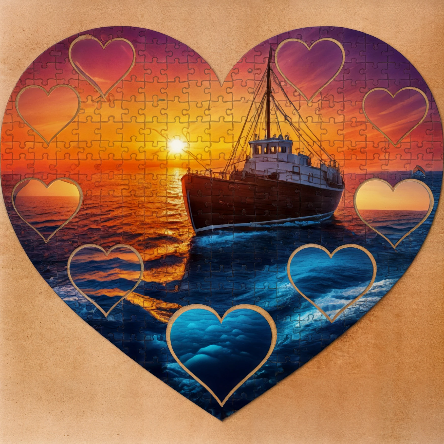 Jigsaw hearts.

The ocean. Boat, whale, sunset.

<lora:JigsawHearts01-00_CE_SDXL_128OT:0.7>