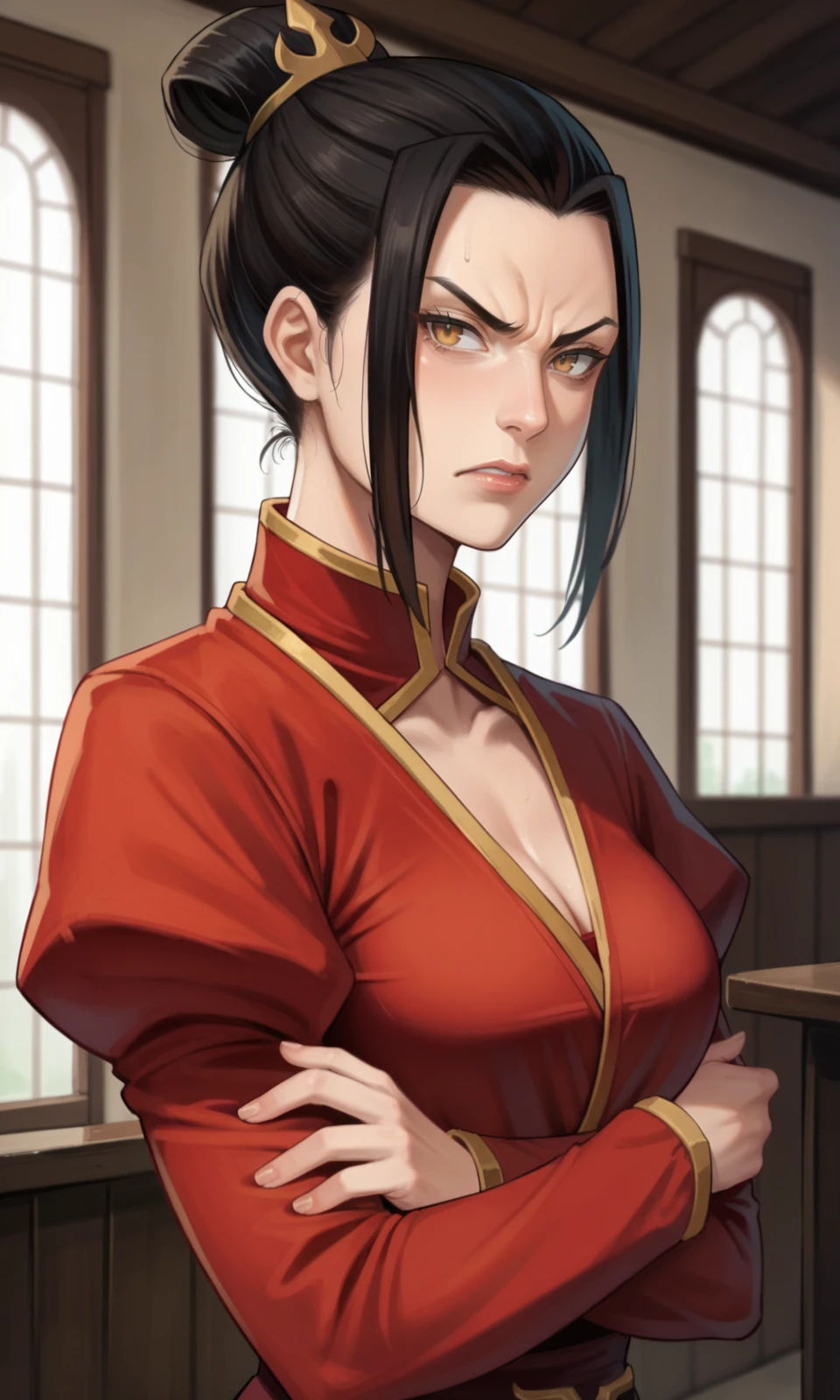 score_9, score_8_up, score_7_up, score_6_up, score_5_up, score_4_up, source_anime, FQX, solo, 1girl, Azula, annoyed, angry, golden eyes, furrowed brow, black hair