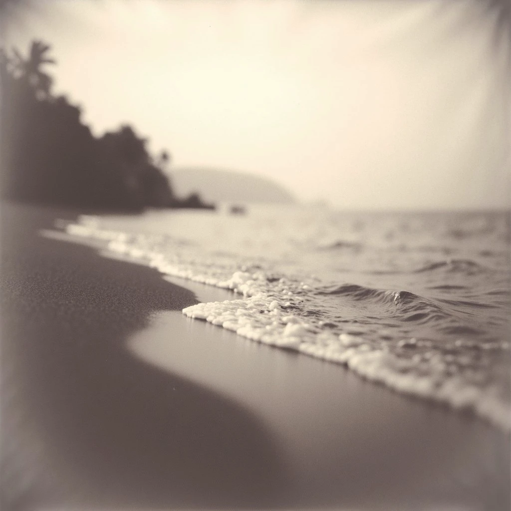 lith_orwo_dokumentenpapier_D, instagram photo a foggy beach in sri lanka, film grain, soft shadows