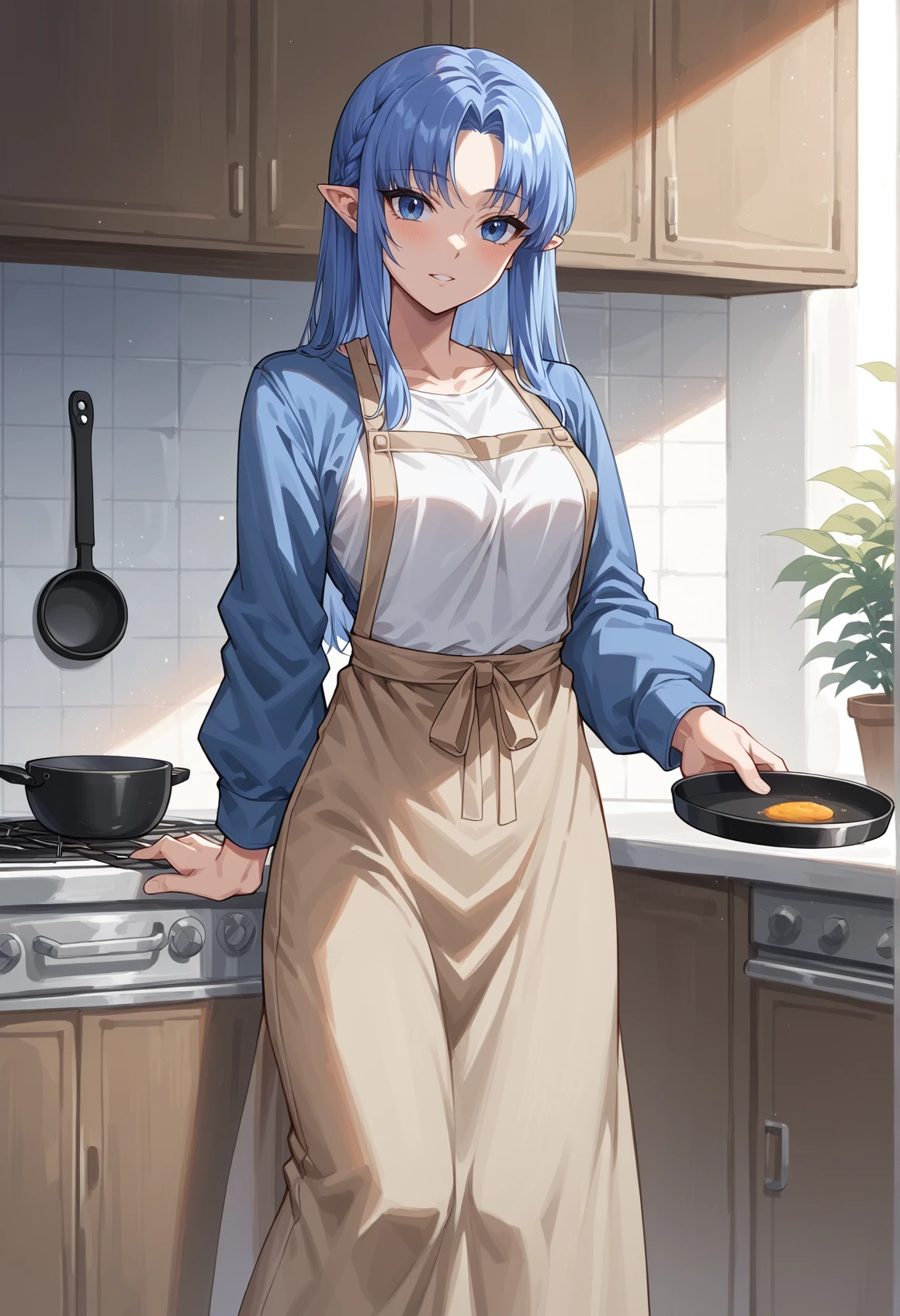 1girl, pointy ears, blue hair, long hair, braid, blue eyes, white shirt, jeans jacket, long skirt, brown skirt, apron, indoors, kitchen, holding frying pan, looking at viewer  <lora:Medea_XL:1>, score_9, score_8_up, score_7_up, score_6_up, score_5_up, score_4_up, BREAK source_anime, masterpiece