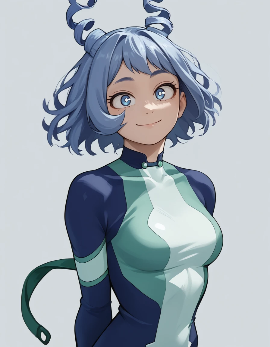 <lora:hadou nejire:1>, hadou nejire, solo, 1girl, smile, nejire hero outfit, short hair, hands behind back, closed mouth, simple background, score_9, score_8_up, score_7_up, source_anime,