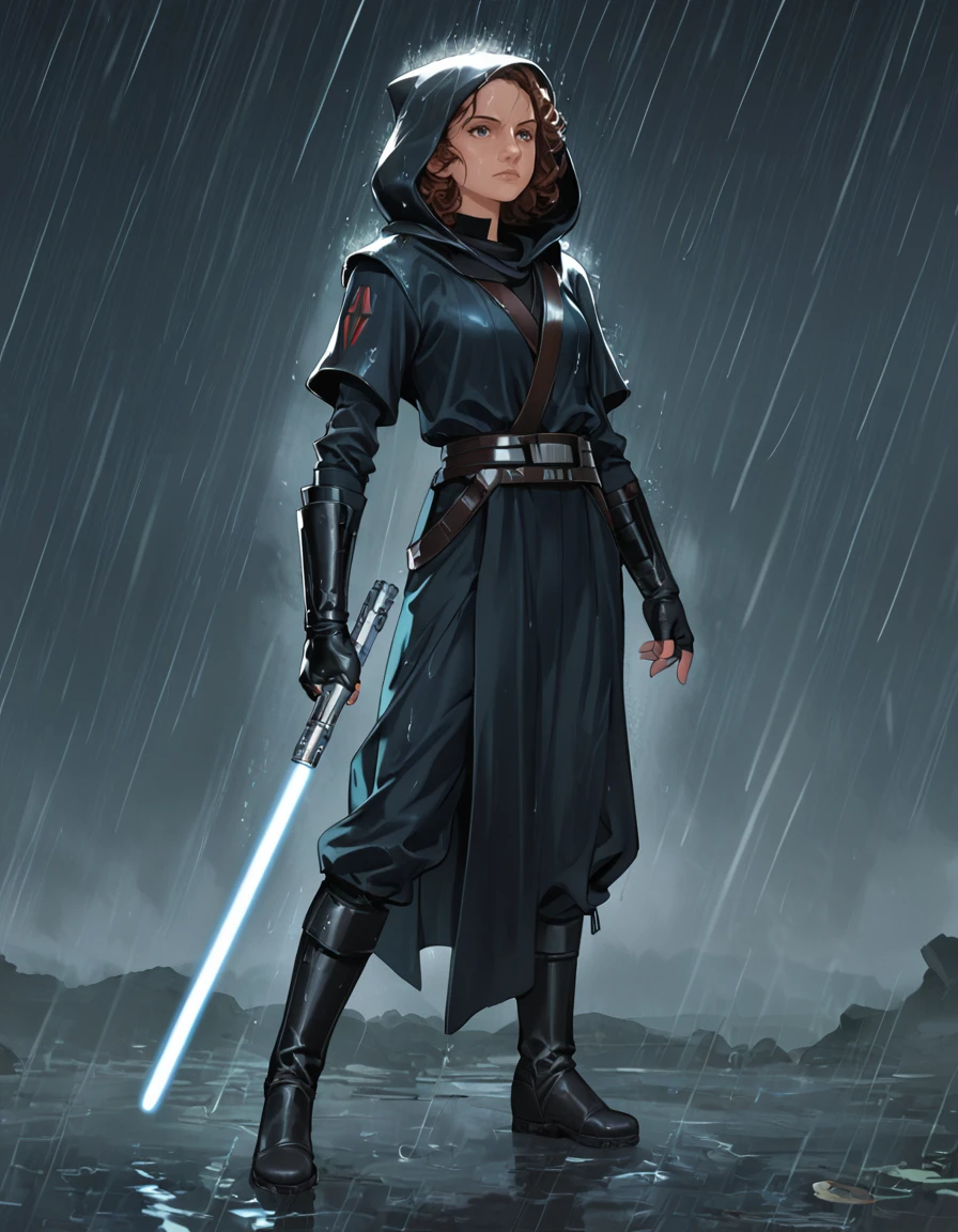 score_9, score_8_up, score_7_up, darth-zannah, zannah, star wars, 1girl, brown hair, short hair, solo, weapon, blue lightsaber, hood, sword, boots, fingerless gloves, gloves, long hair, standing, science fiction, rain, laser <lora:Darth_Zannah:.5> <lora:SW_Rain_Darth_Zannah:.5>