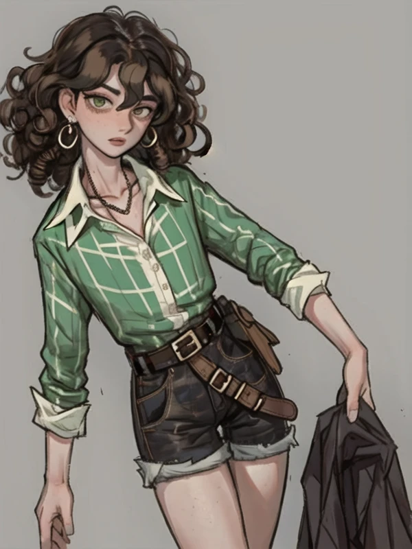 dark background, simple background, woman, 1girl, curly hair, afro curls, solo, brown hair, long hair, shorts, small chest, pale face, green eyes, shirt, looking at viewer, necklace, hawaiian shirt, checkered shirt, hair between eyes, earrings, belt, long sleeves, cowboy shot, collared shirt, collarbone, standing, brown belt, dress shirt, <lora:MOSSAI2:0.8>