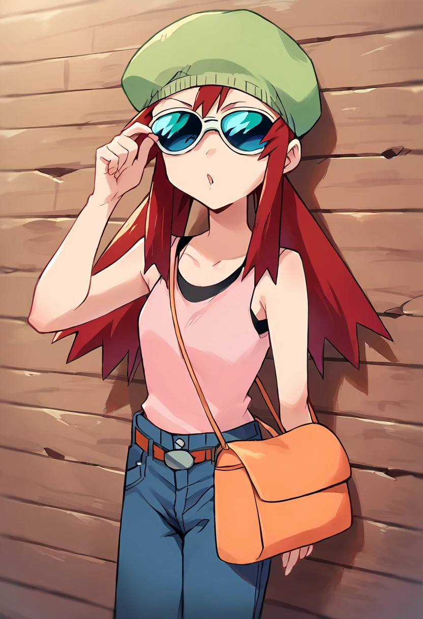 score_9, score_8_up, score_7_up, masterpiece, source_anime 1girl, ct_melody, blue eyes, red hair, twintails, green headwear, sunglasses, pink tank top, jeans, belt, brown handbag, indoors, wooden wall, looking at viewer, cowboy shot, <lora:Melody_Pony_ct:1>