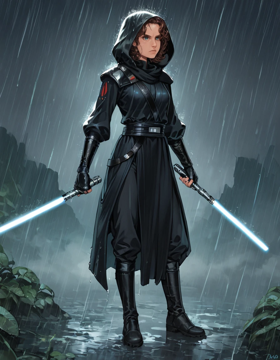 score_9, score_8_up, score_7_up, darth-zannah, zannah, star wars, 1girl, brown hair, short hair, solo, weapon, blue lightsaber, hood, sword, boots, fingerless gloves, gloves, long hair, standing, science fiction, rain, laser <lora:Darth_Zannah:.5> <lora:SW_Rain_Darth_Zannah:.5>