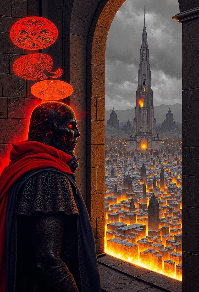 A highly detailed fantastical picture of a demon lord staring out his the tower window, his royal sigils float and glow around his head, out side the window is a vast hell city with row after row of buildings. Souls work to build new structurers.